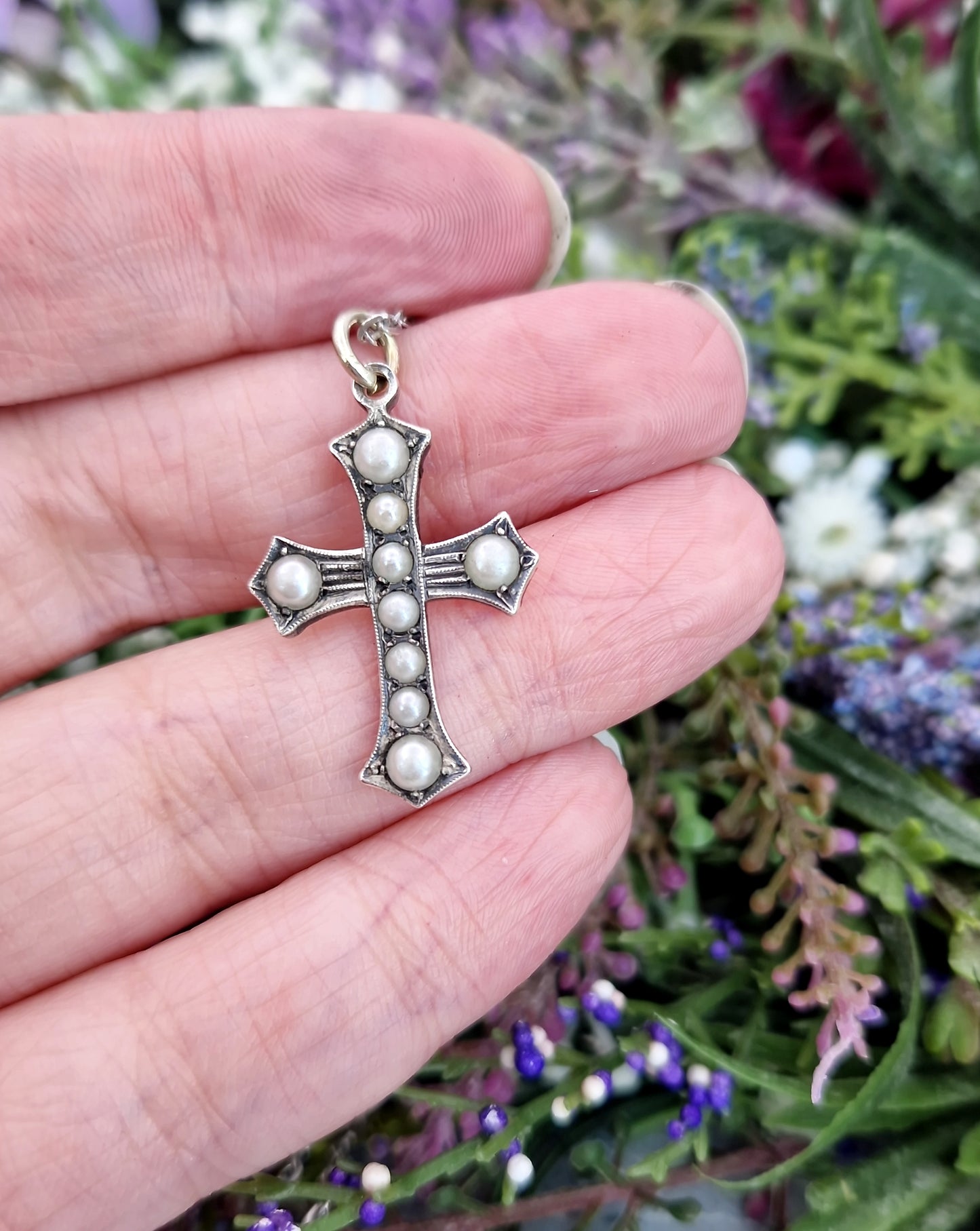 Antique Edwardian Sterling Silver Ornate White Pearl Cross Pendant Necklace