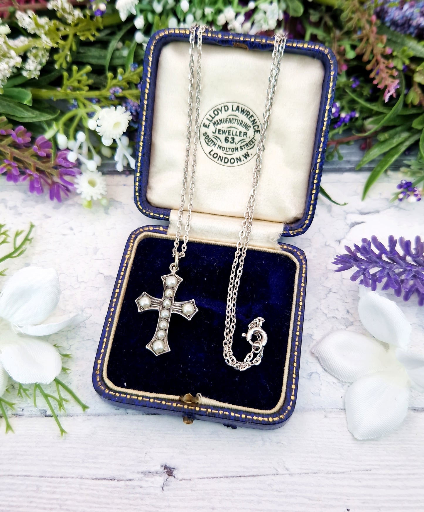 Antique Edwardian Sterling Silver Ornate White Pearl Cross Pendant Necklace