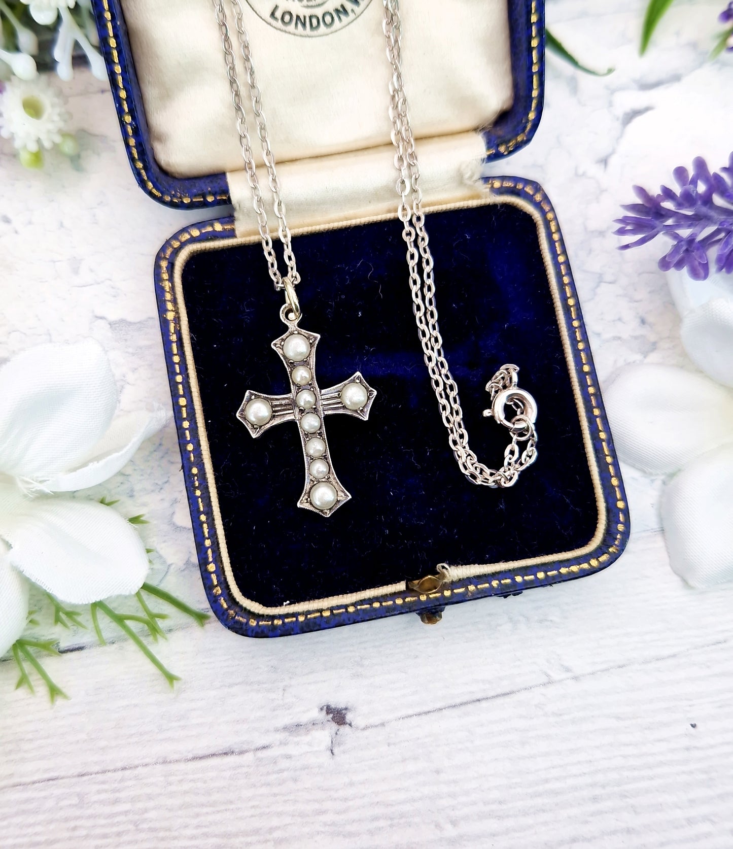 Antique Edwardian Sterling Silver Ornate White Pearl Cross Pendant Necklace