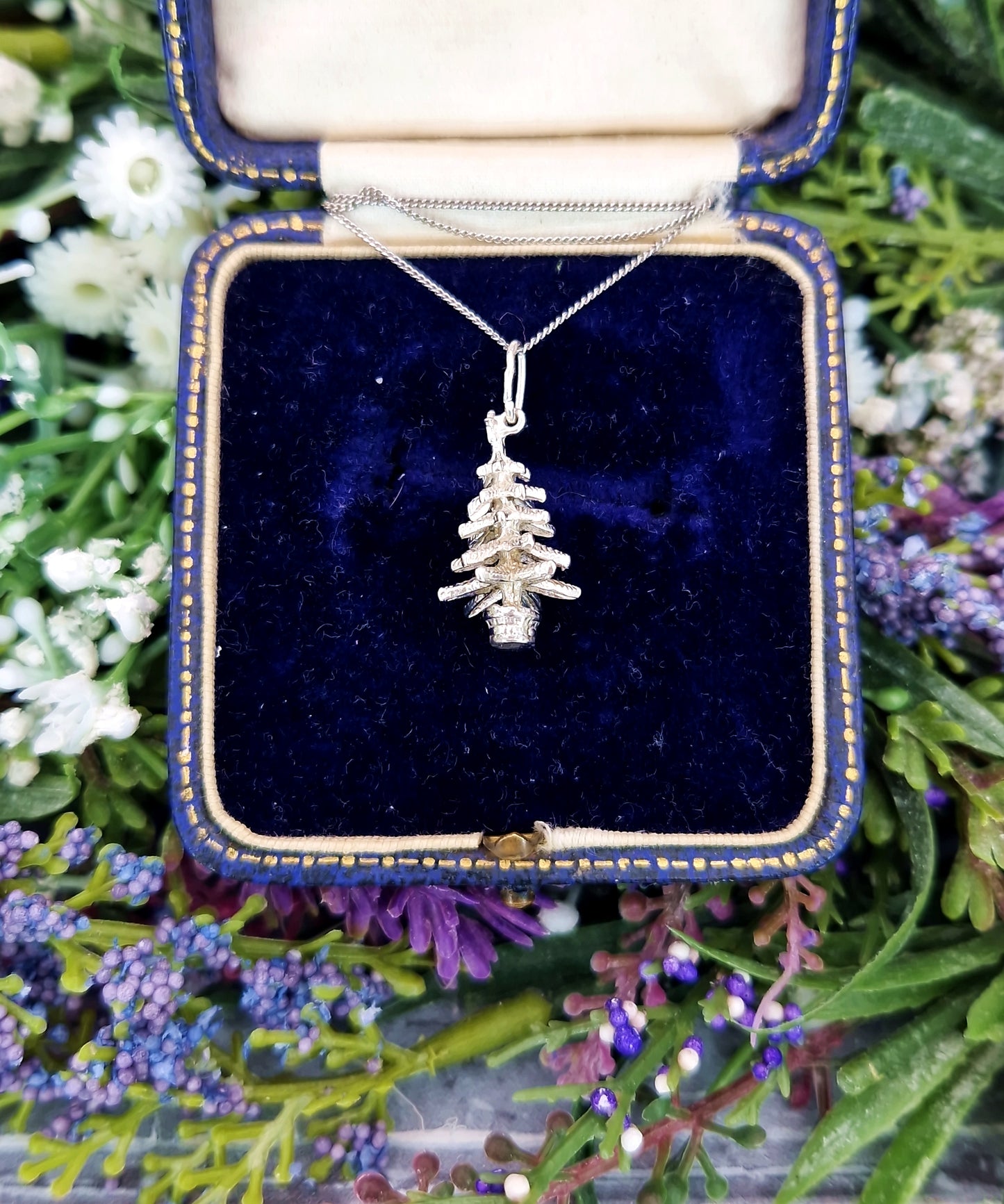 Vintage Sterling Silver Miniature 3D Christmas Tree Charm Pendant Necklace