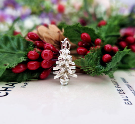 Vintage Sterling Silver Miniature 3D Christmas Tree Charm Pendant Necklace