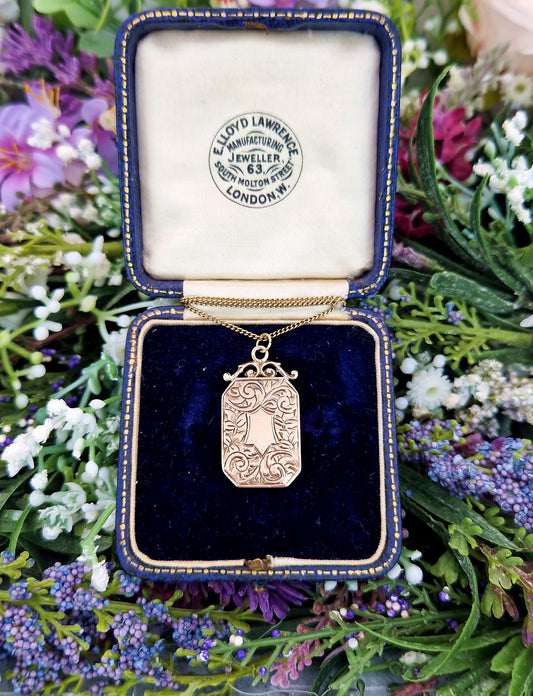 Antique Art Nouveau Rolled Gold Engraved Ornate Shield Cartouche Pendant / Fob Necklace