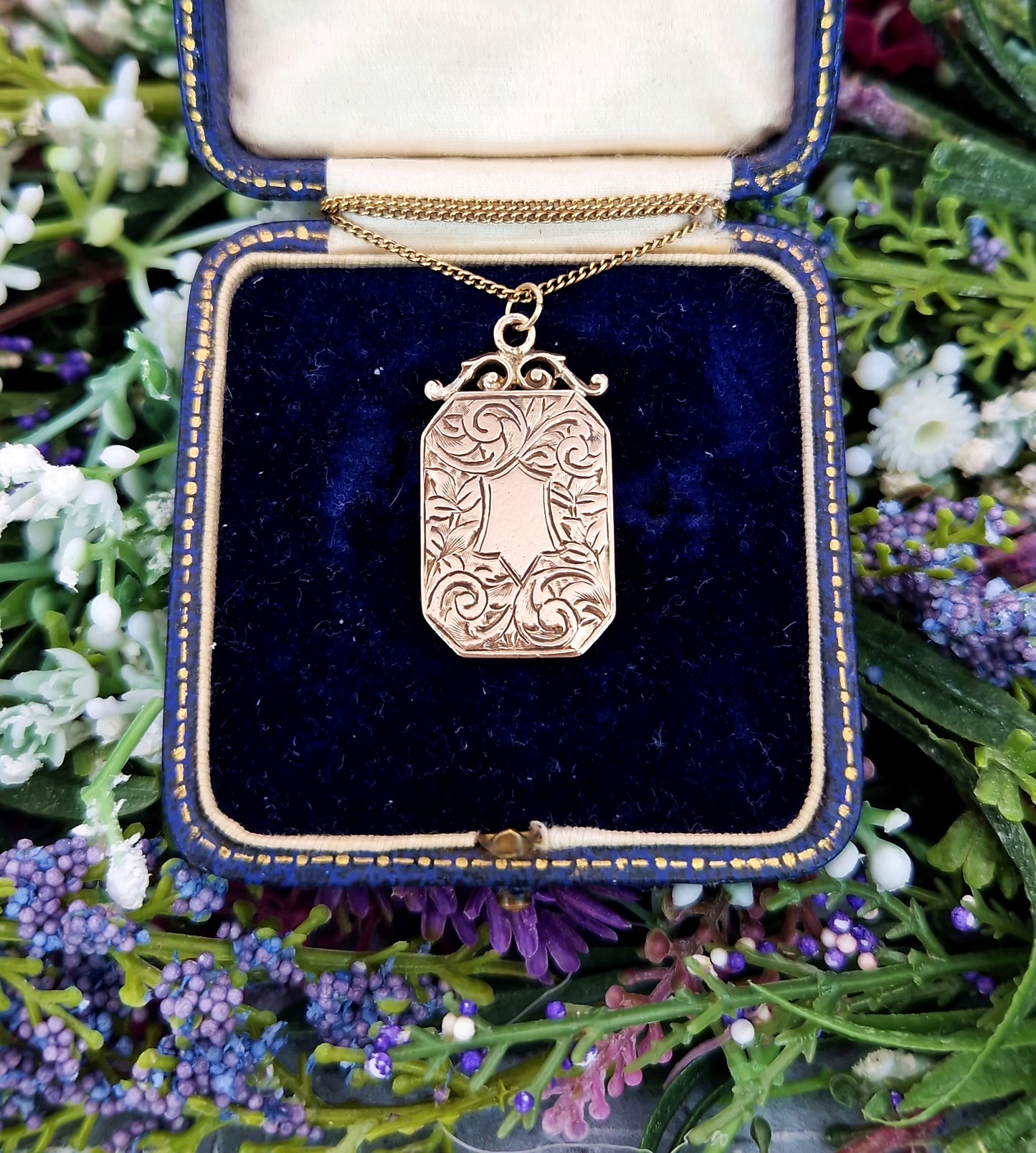 Antique Art Nouveau Rolled Gold Engraved Ornate Shield Cartouche Pendant / Fob Necklace