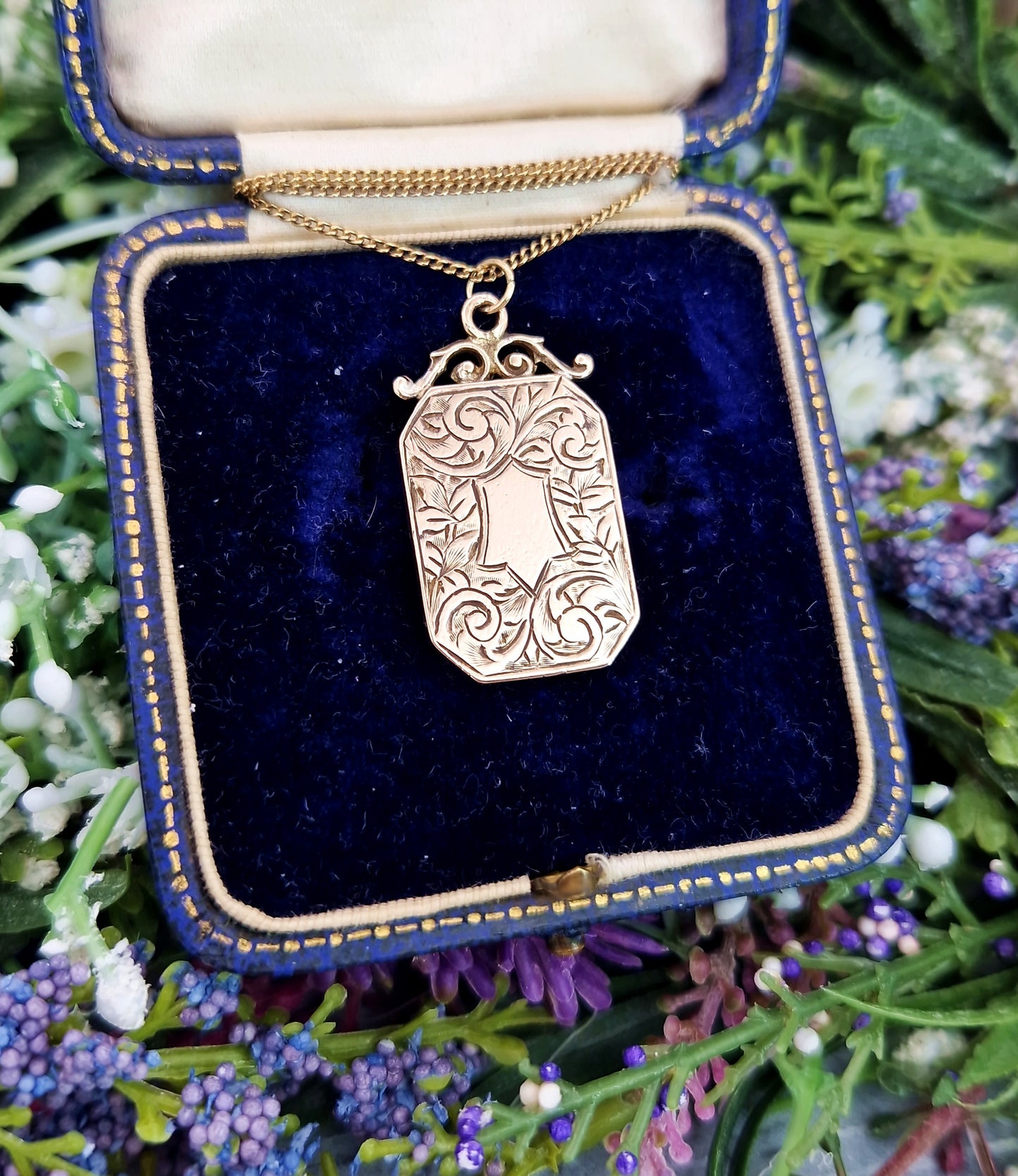 Antique Art Nouveau Rolled Gold Engraved Ornate Shield Cartouche Pendant / Fob Necklace