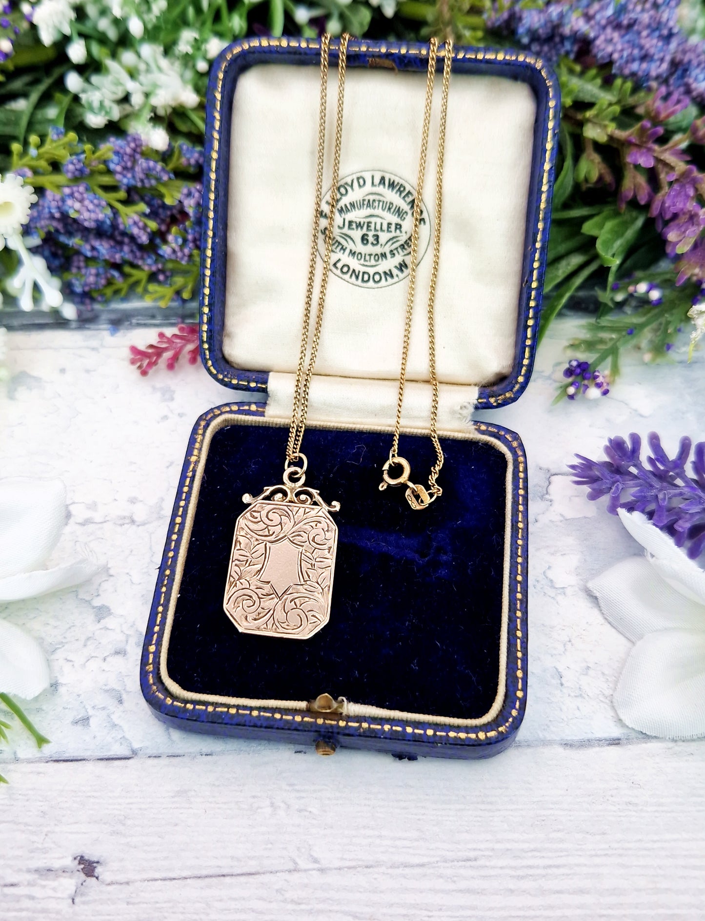 Antique Art Nouveau Rolled Gold Engraved Ornate Shield Cartouche Pendant / Fob Necklace