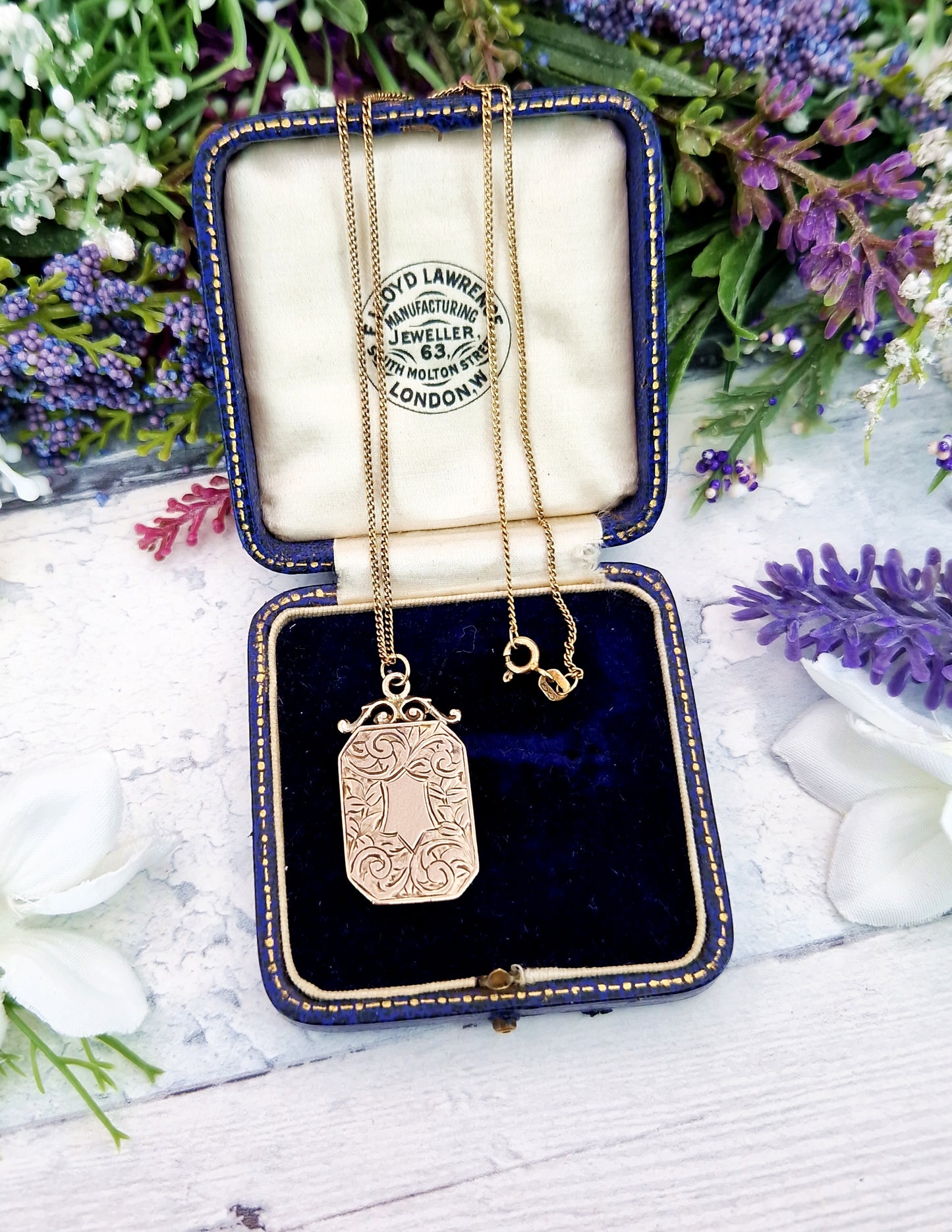 Antique Art Nouveau Rolled Gold Engraved Ornate Shield Cartouche Pendant / Fob Necklace