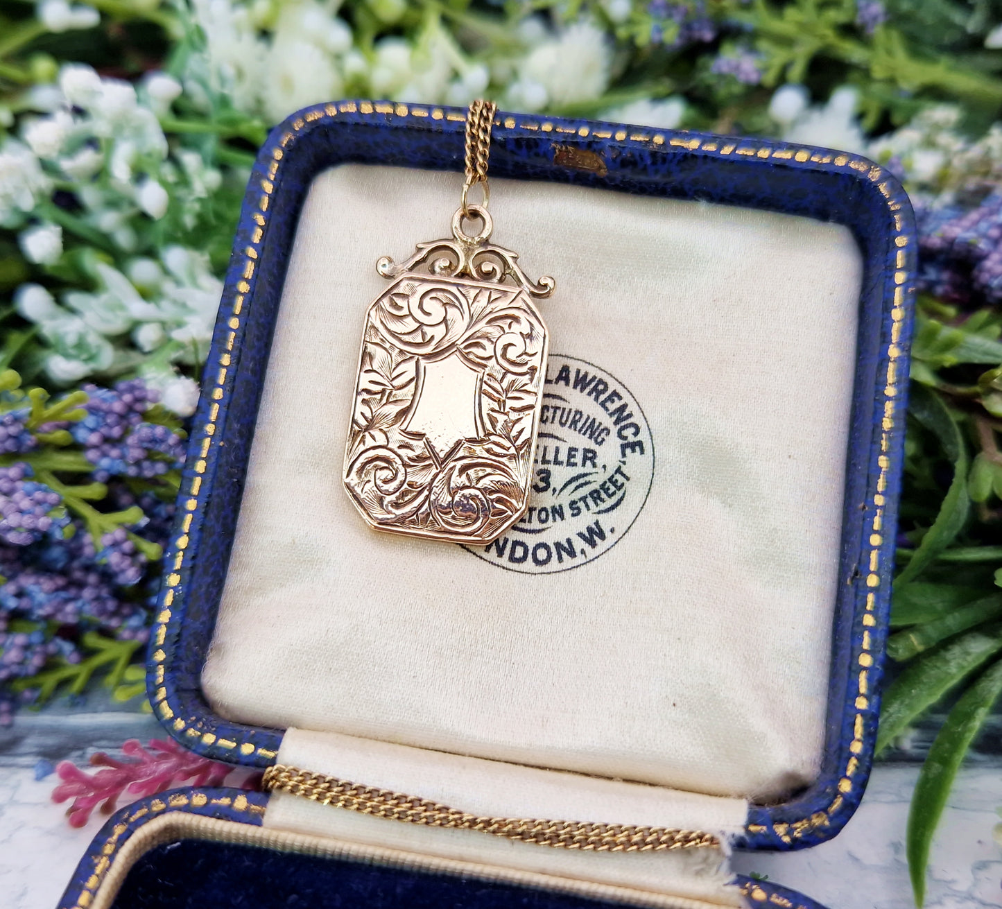 Antique Art Nouveau Rolled Gold Engraved Ornate Shield Cartouche Pendant / Fob Necklace