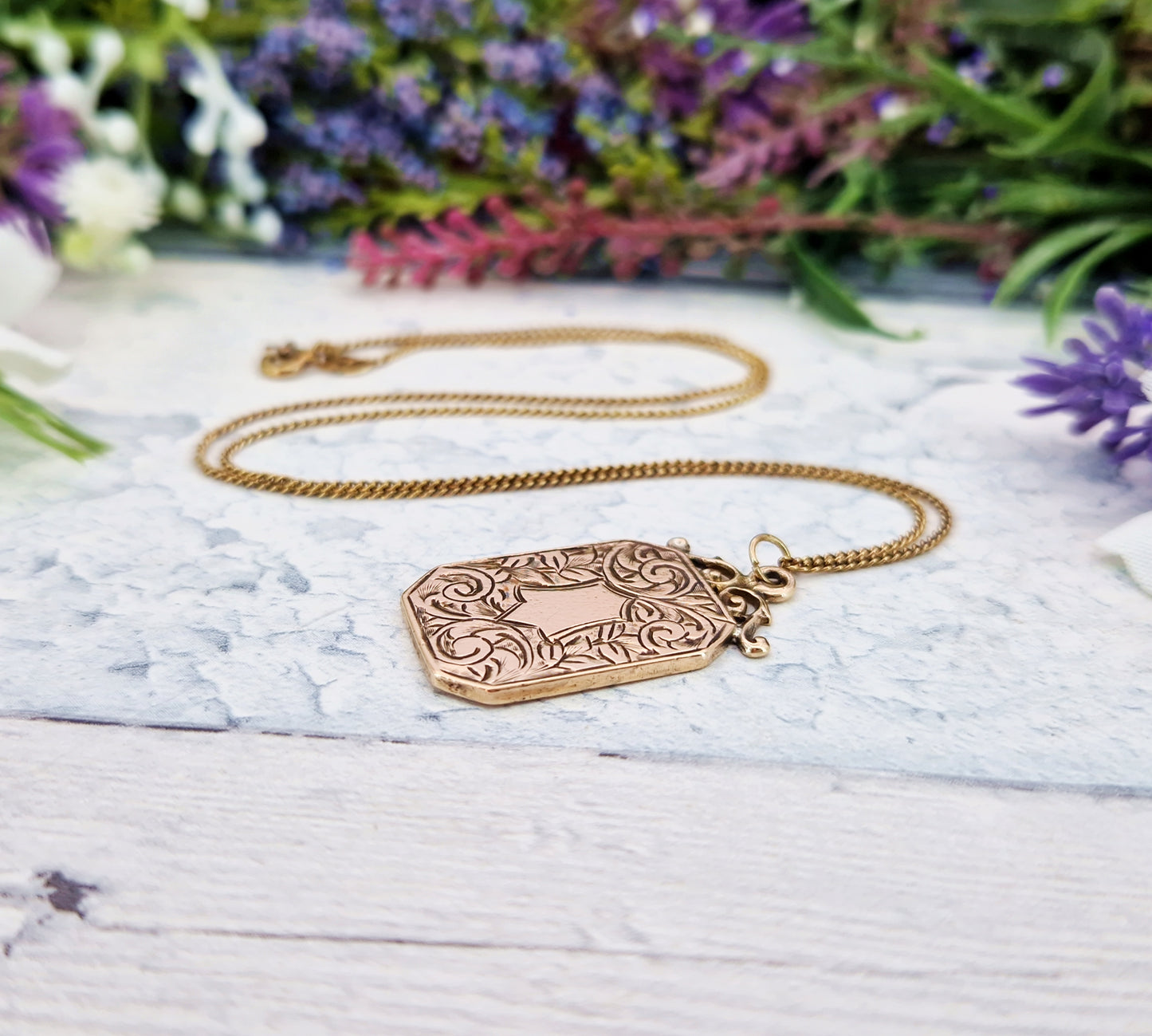 Antique Art Nouveau Rolled Gold Engraved Ornate Shield Cartouche Pendant / Fob Necklace