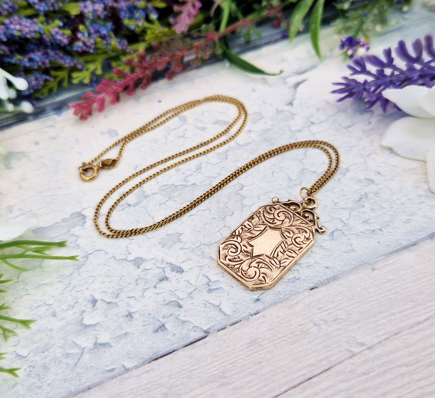 Antique Art Nouveau Rolled Gold Engraved Ornate Shield Cartouche Pendant / Fob Necklace