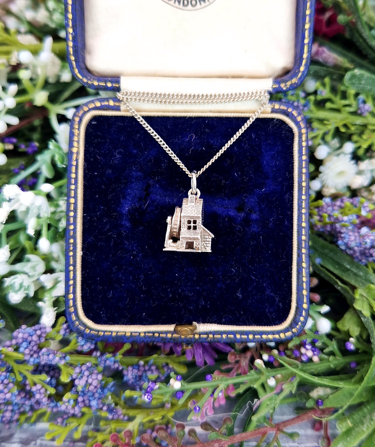 Vintage Sterling Silver Miniature 3D Water Mill Charm Pendant Necklace