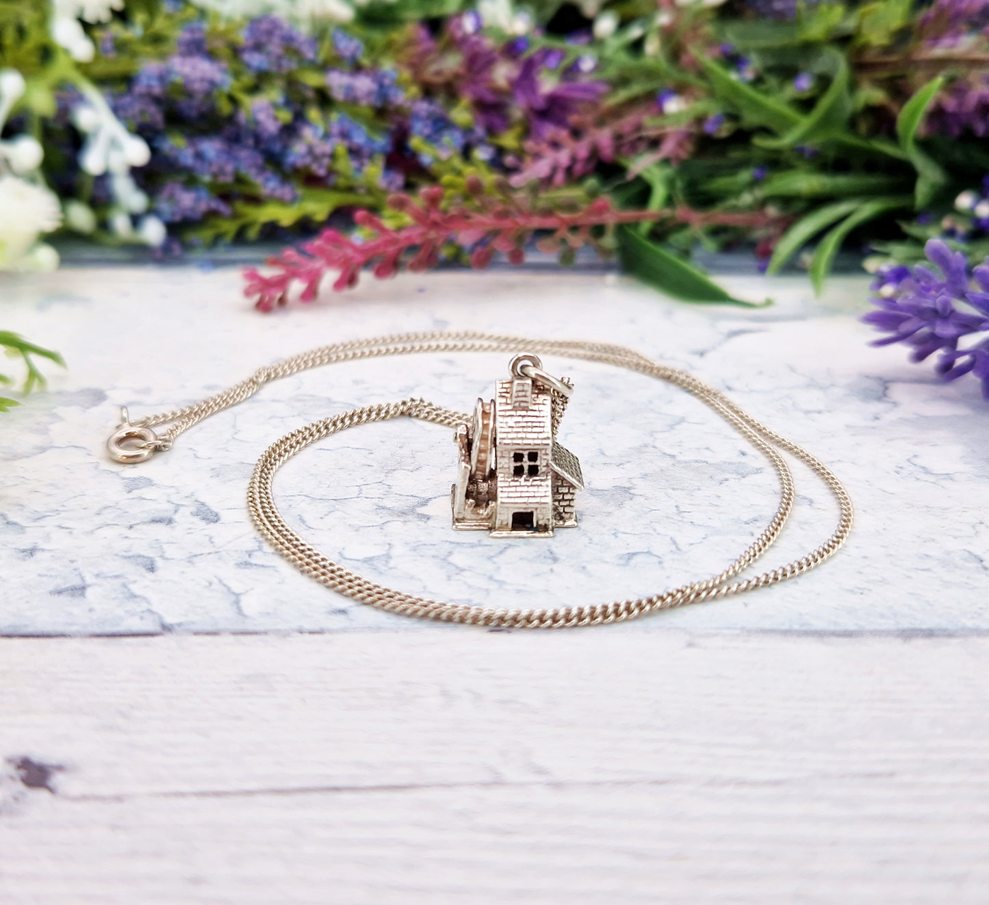 Vintage Sterling Silver Miniature 3D Water Mill Charm Pendant Necklace