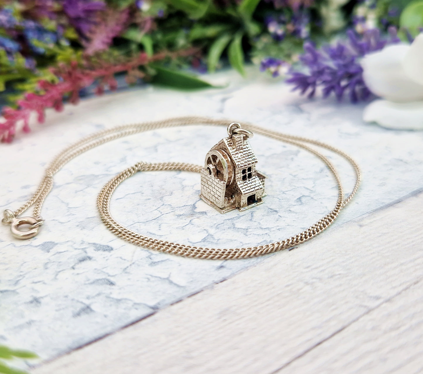 Vintage Sterling Silver Miniature 3D Water Mill Charm Pendant Necklace