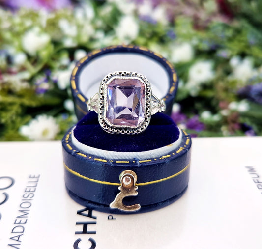 Vintage Sterling Silver Ornate Large Amethyst Statement Solitaire Ring / Size Q or 8.5