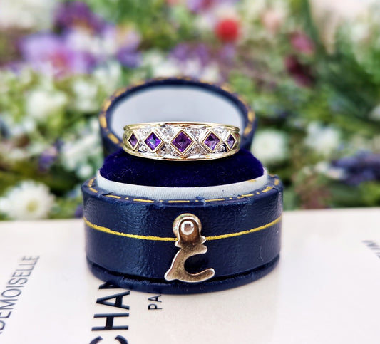 Vintage Art Deco Style 9ct Yellow Gold Purple Amethyst 5 Stone Band Ring / Size N or 7