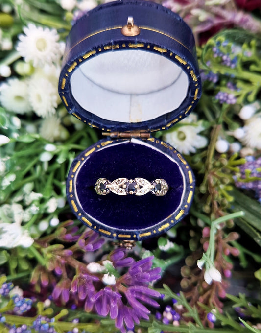 Vintage 9ct Gold Ornate Whimsical Sapphire and Diamond Band Ring / Size N or 7