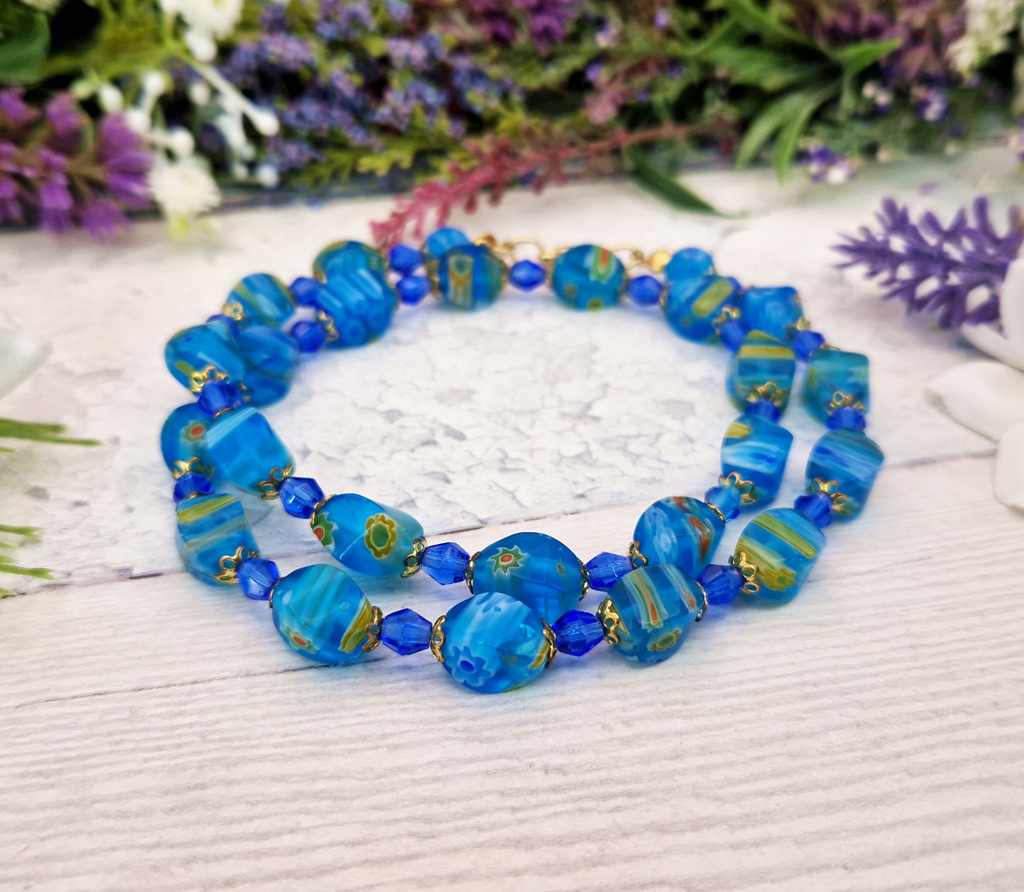 Vintage Venetian Millefiori Blue Glass Floral Bead Necklace 18.5"