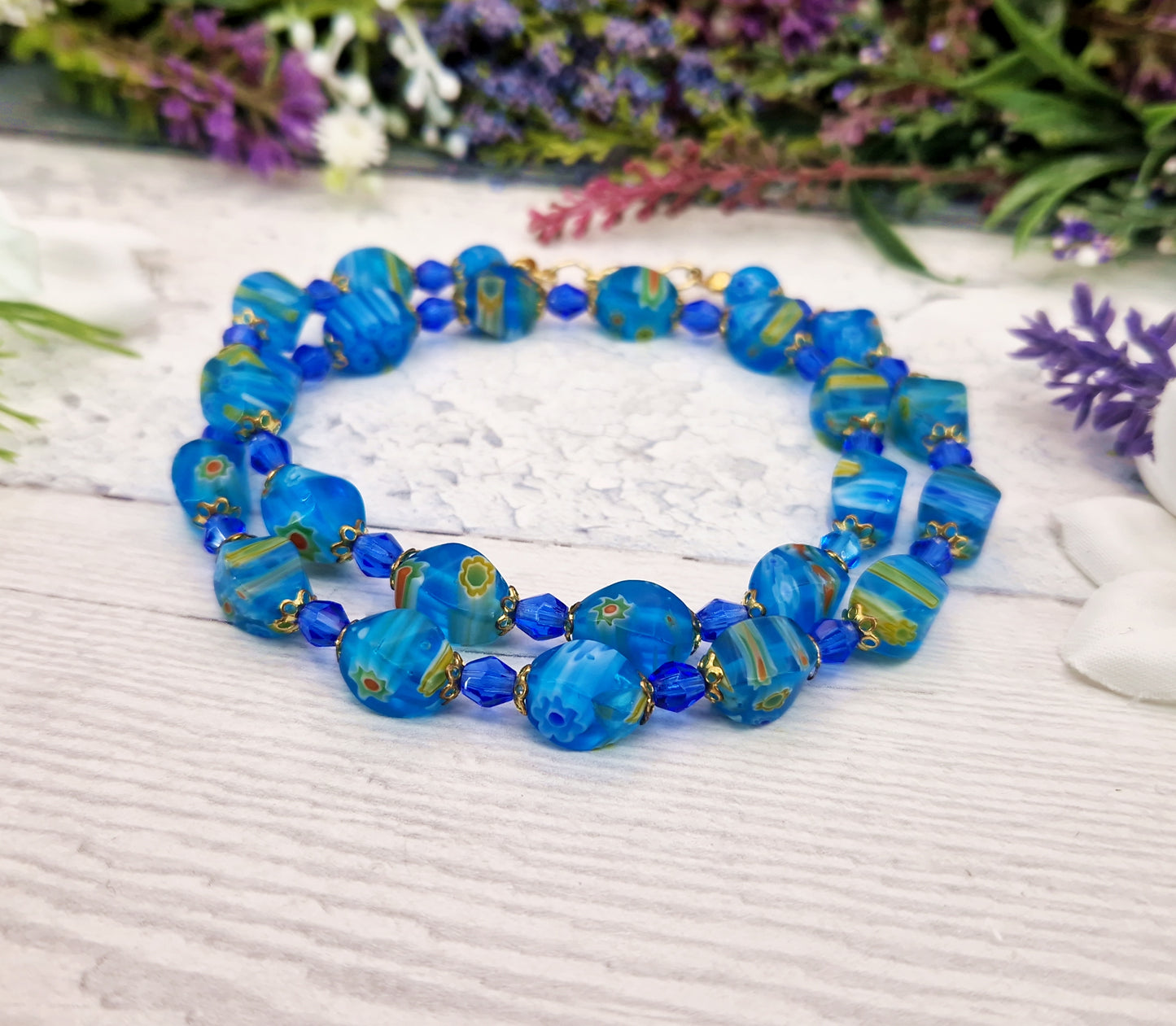 Vintage Venetian Millefiori Blue Glass Floral Bead Necklace 18.5"