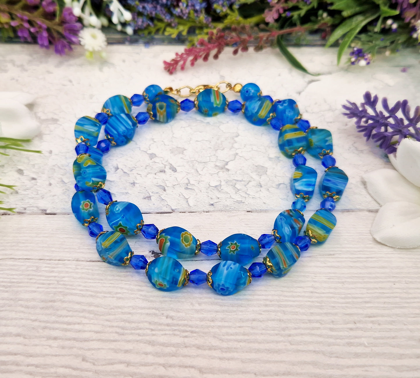 Vintage Venetian Millefiori Blue Glass Floral Bead Necklace 18.5"