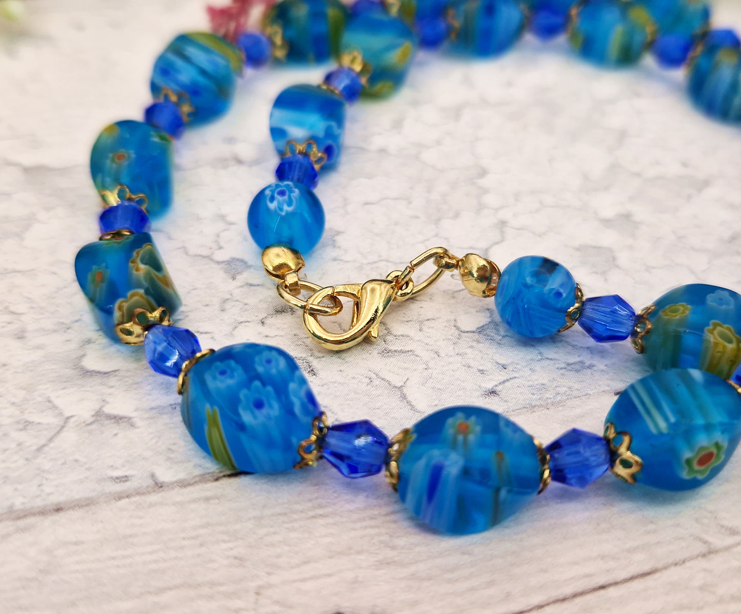 Vintage Venetian Millefiori Blue Glass Floral Bead Necklace 18.5"