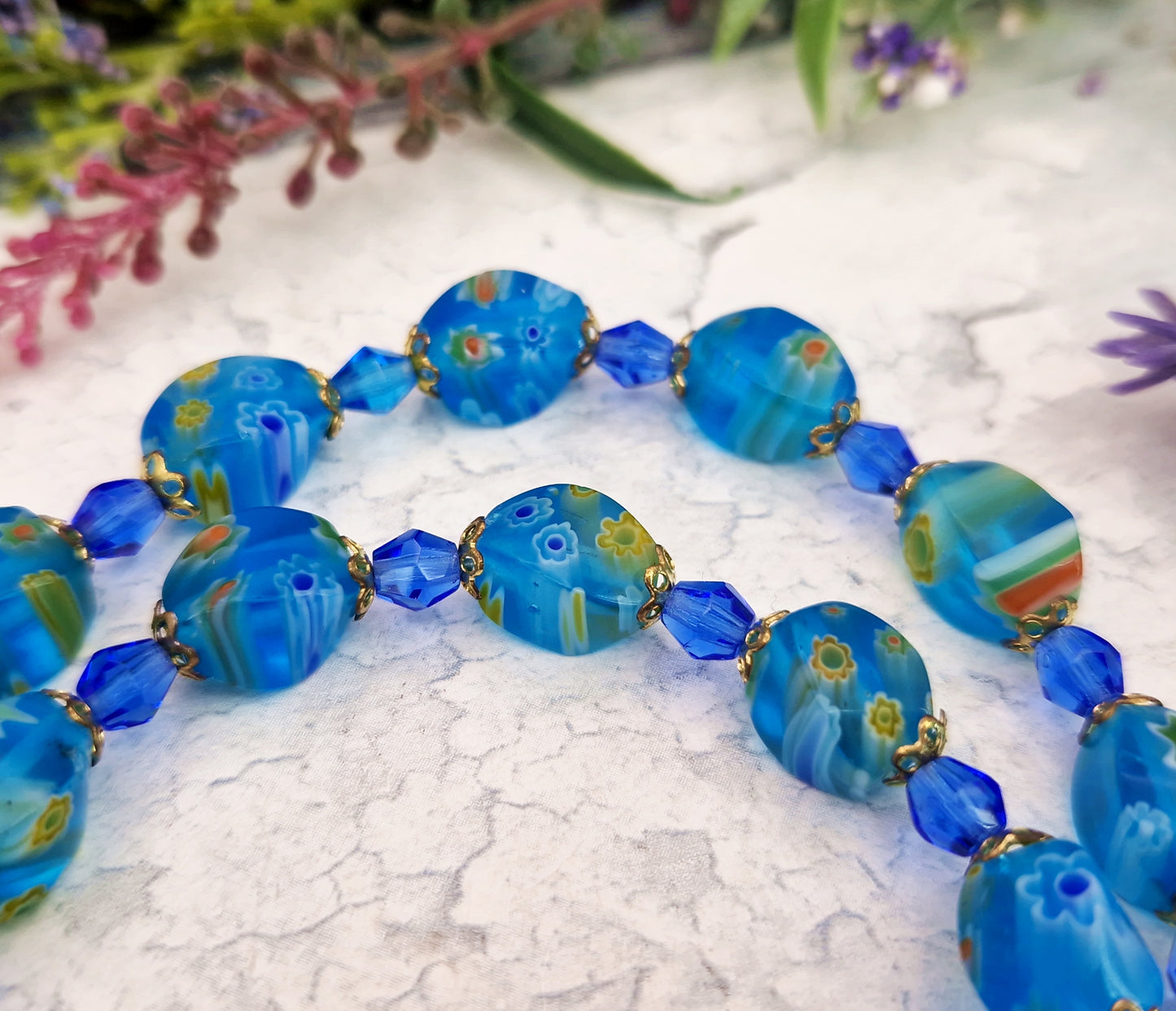 Vintage Venetian Millefiori Blue Glass Floral Bead Necklace 18.5"