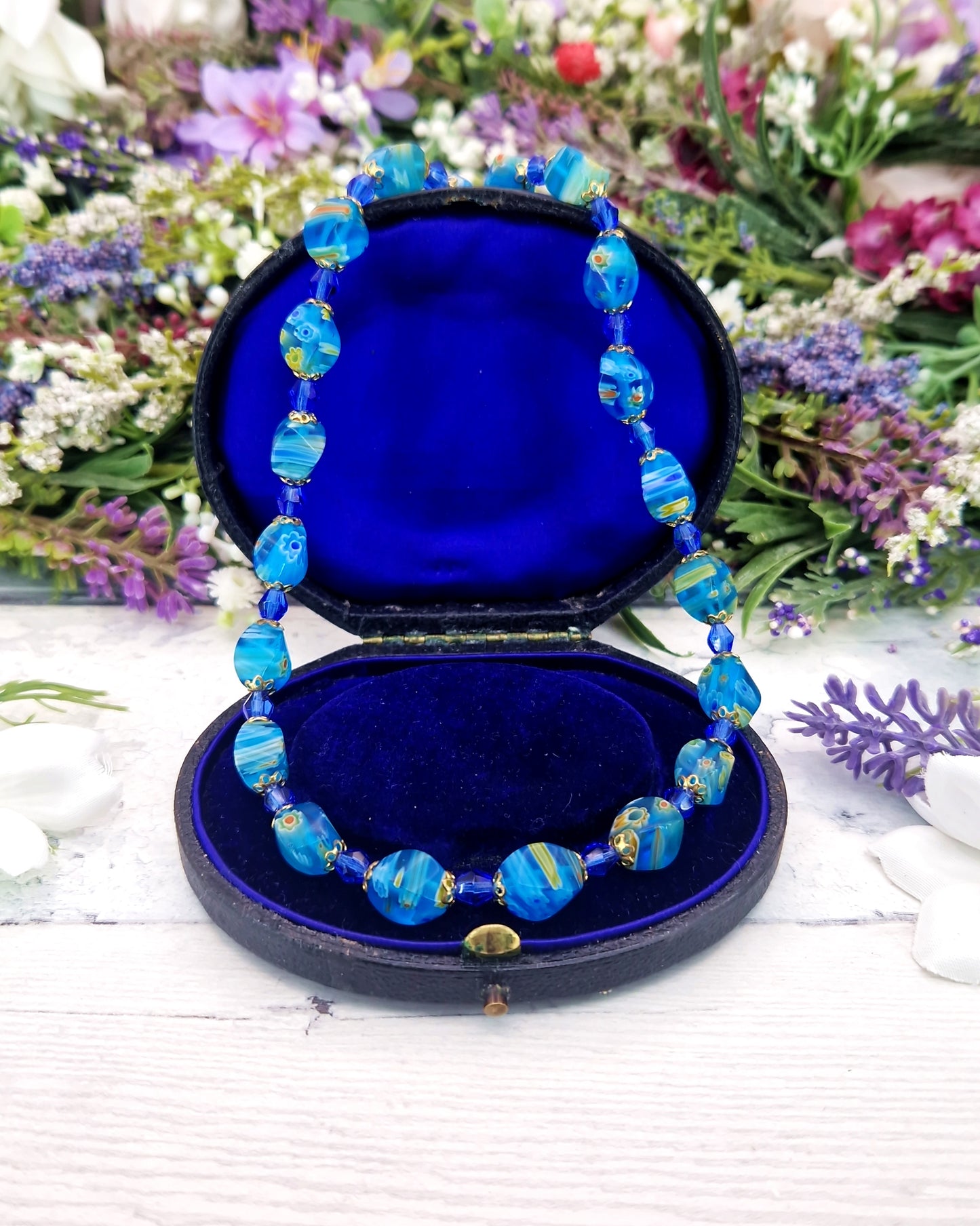 Vintage Venetian Millefiori Blue Glass Floral Bead Necklace 18.5"