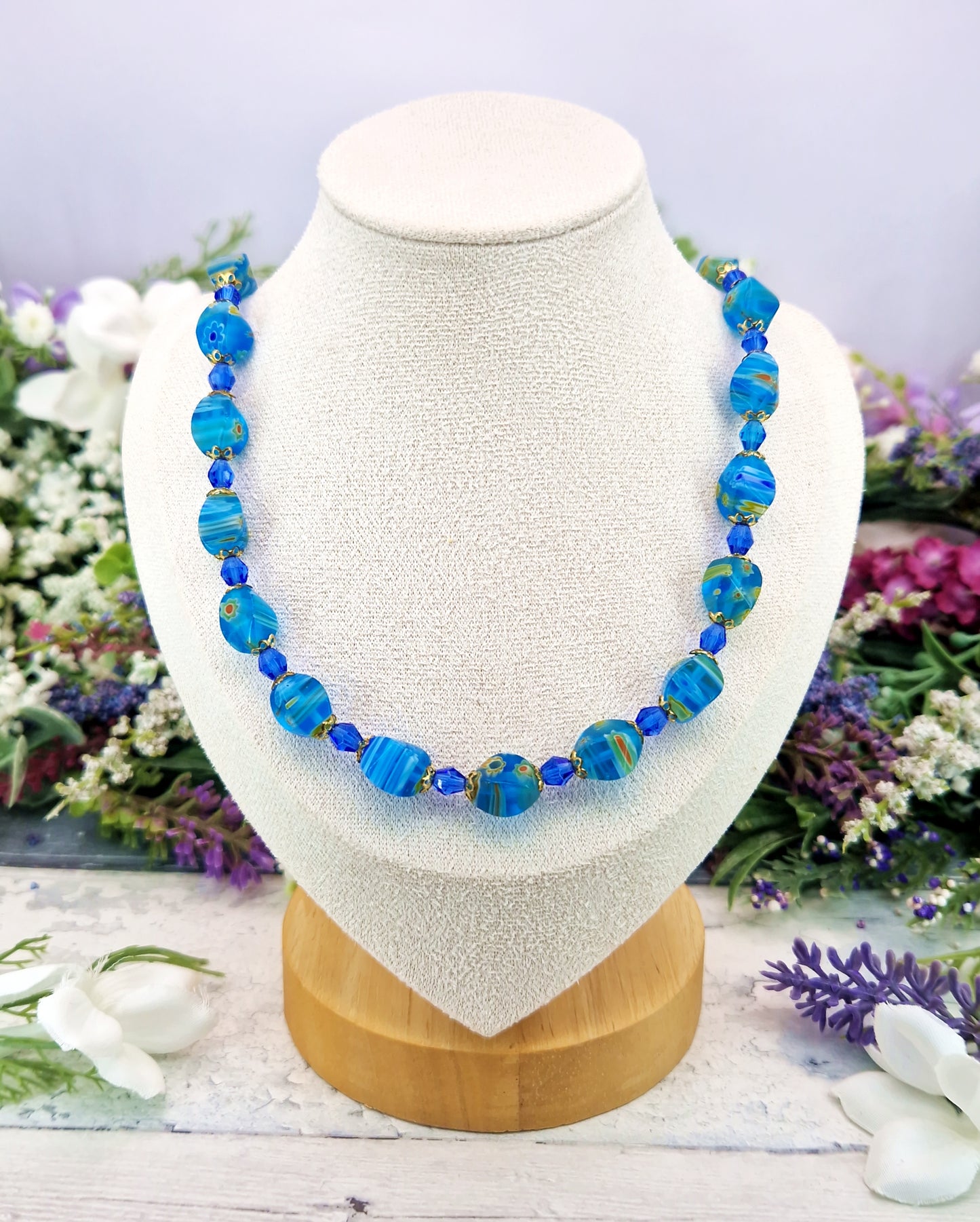 Vintage Venetian Millefiori Blue Glass Floral Bead Necklace 18.5"