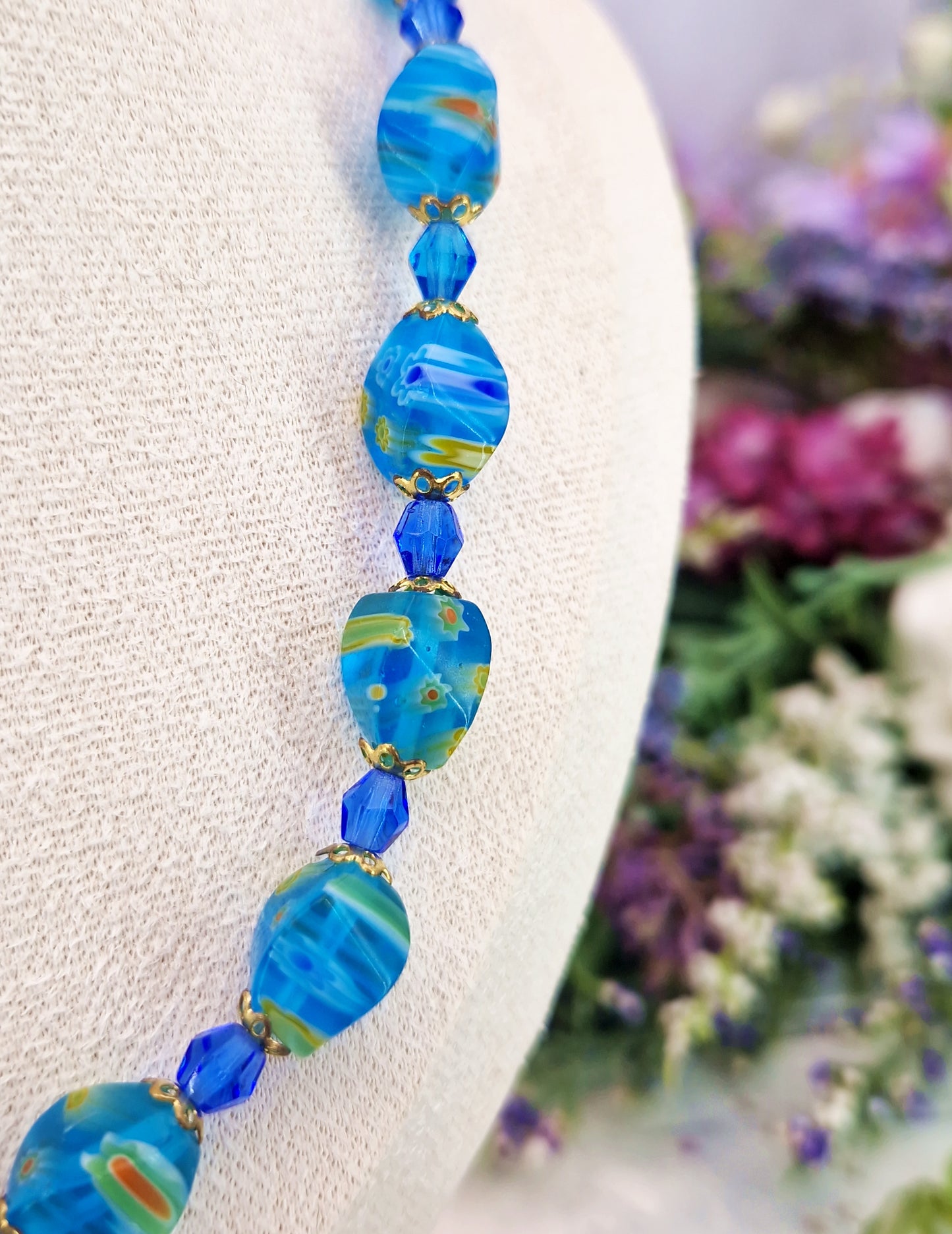 Vintage Venetian Millefiori Blue Glass Floral Bead Necklace 18.5"