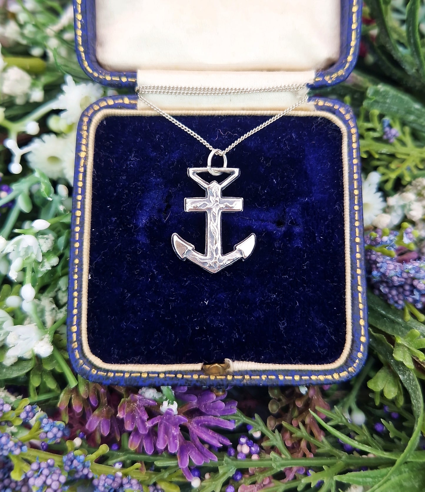 Antique Art Nouveau Sterling Silver Floral Detailed Ships Anchor Pendant Necklace