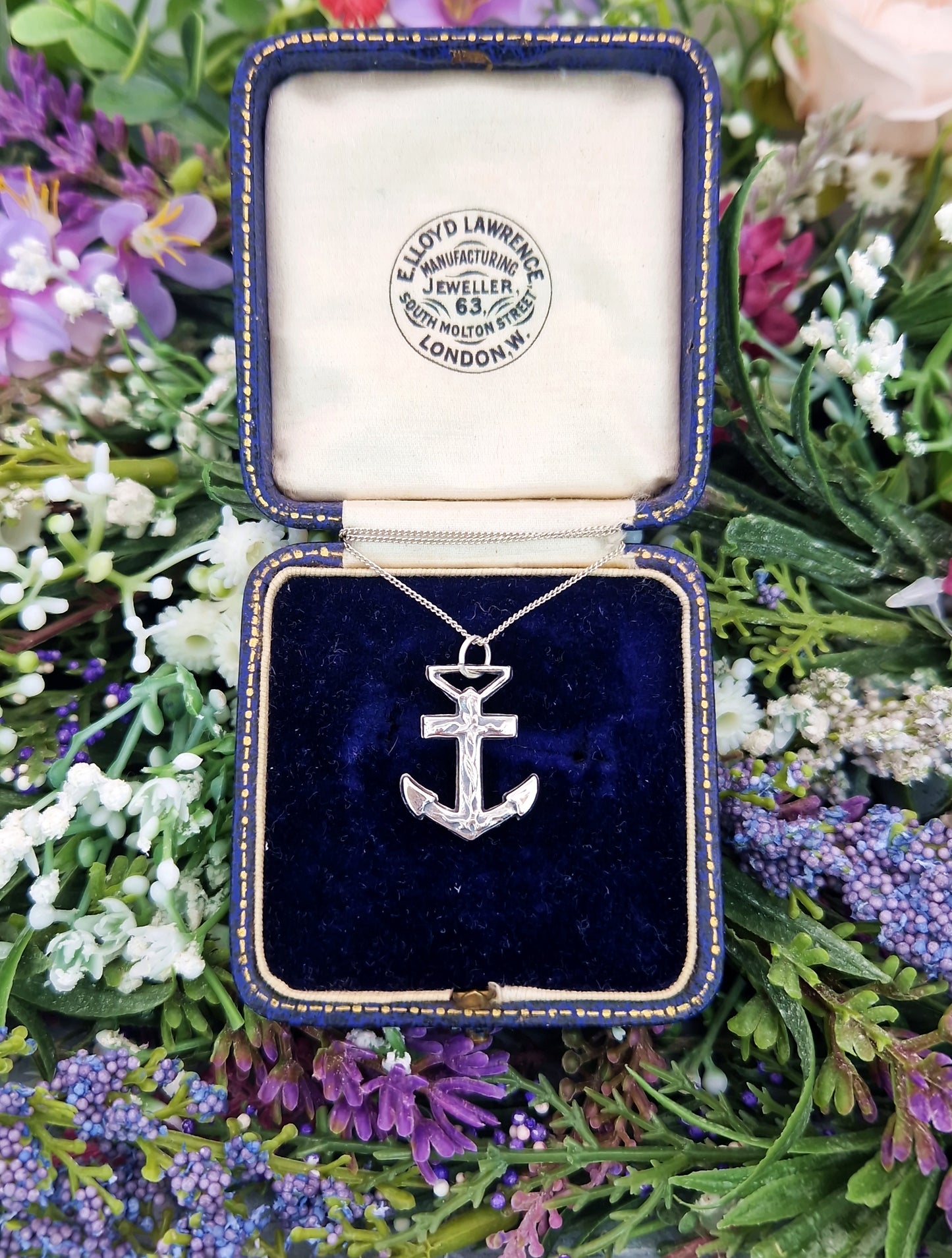 Antique Art Nouveau Sterling Silver Floral Detailed Ships Anchor Pendant Necklace