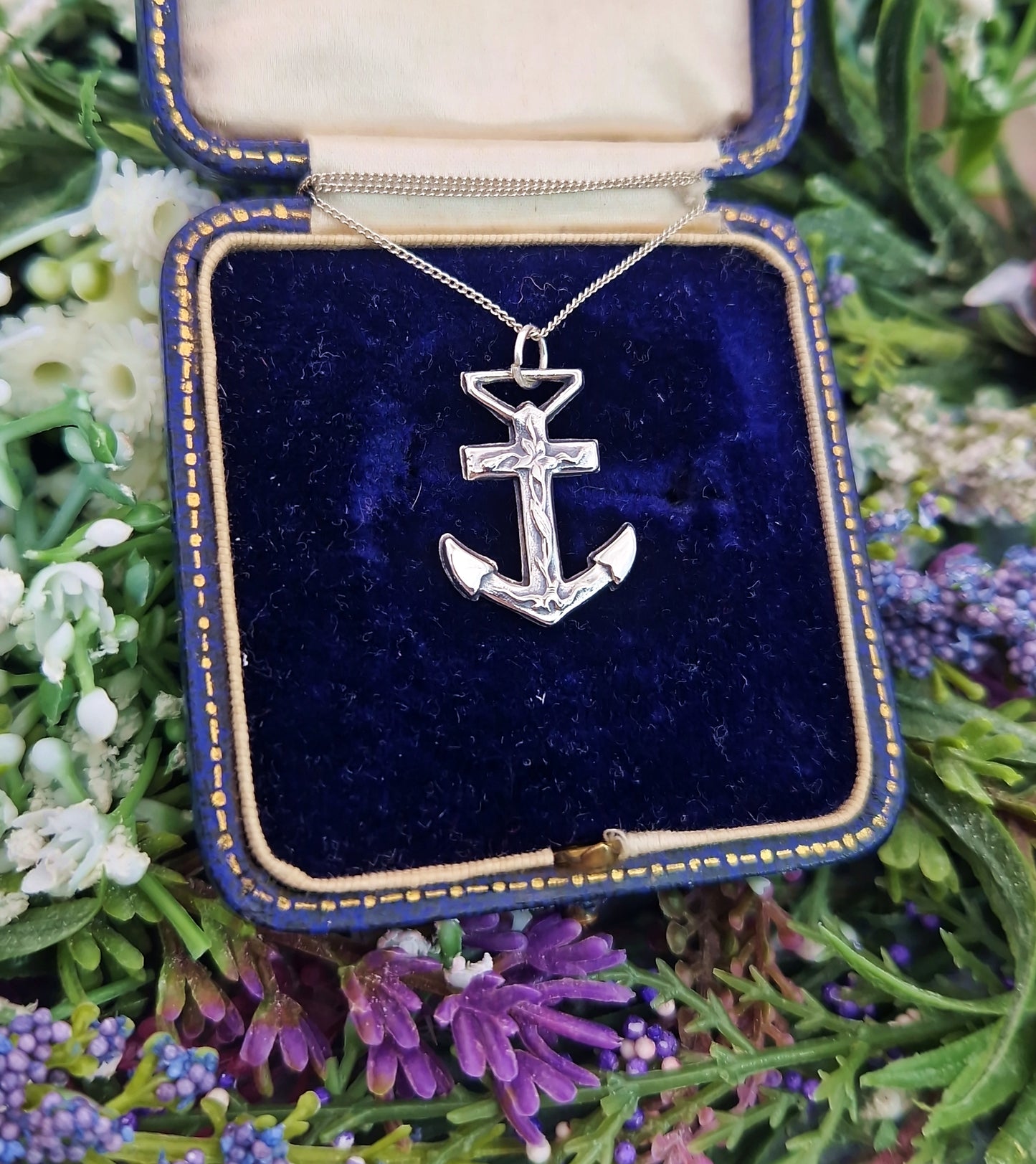 Antique Art Nouveau Sterling Silver Floral Detailed Ships Anchor Pendant Necklace