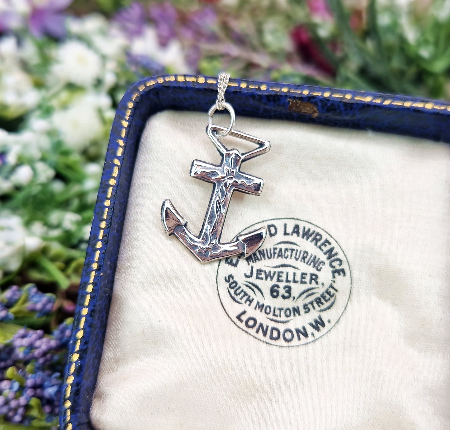 Antique Art Nouveau Sterling Silver Floral Detailed Ships Anchor Pendant Necklace