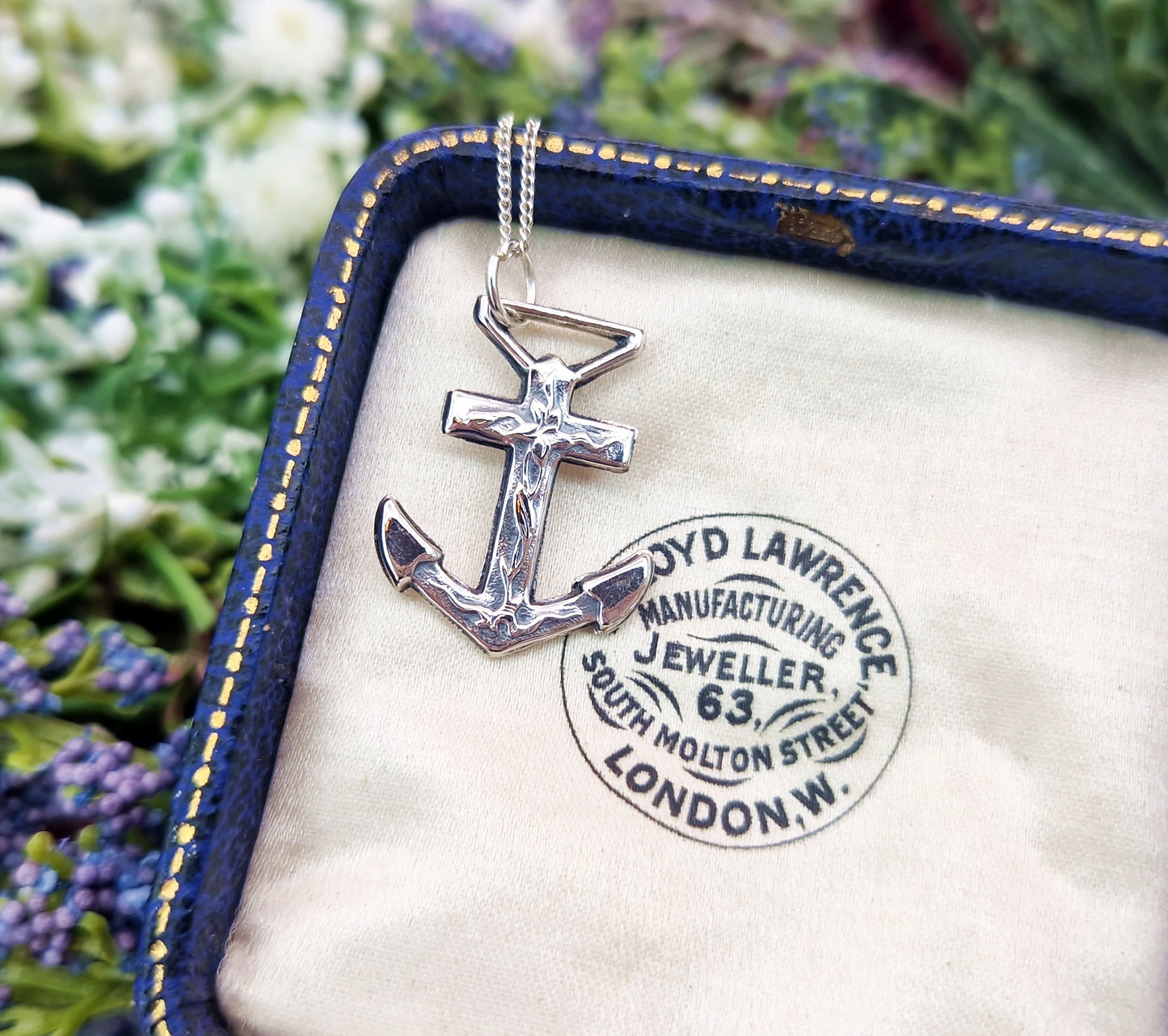 Antique Art Nouveau Sterling Silver Floral Detailed Ships Anchor Pendant Necklace