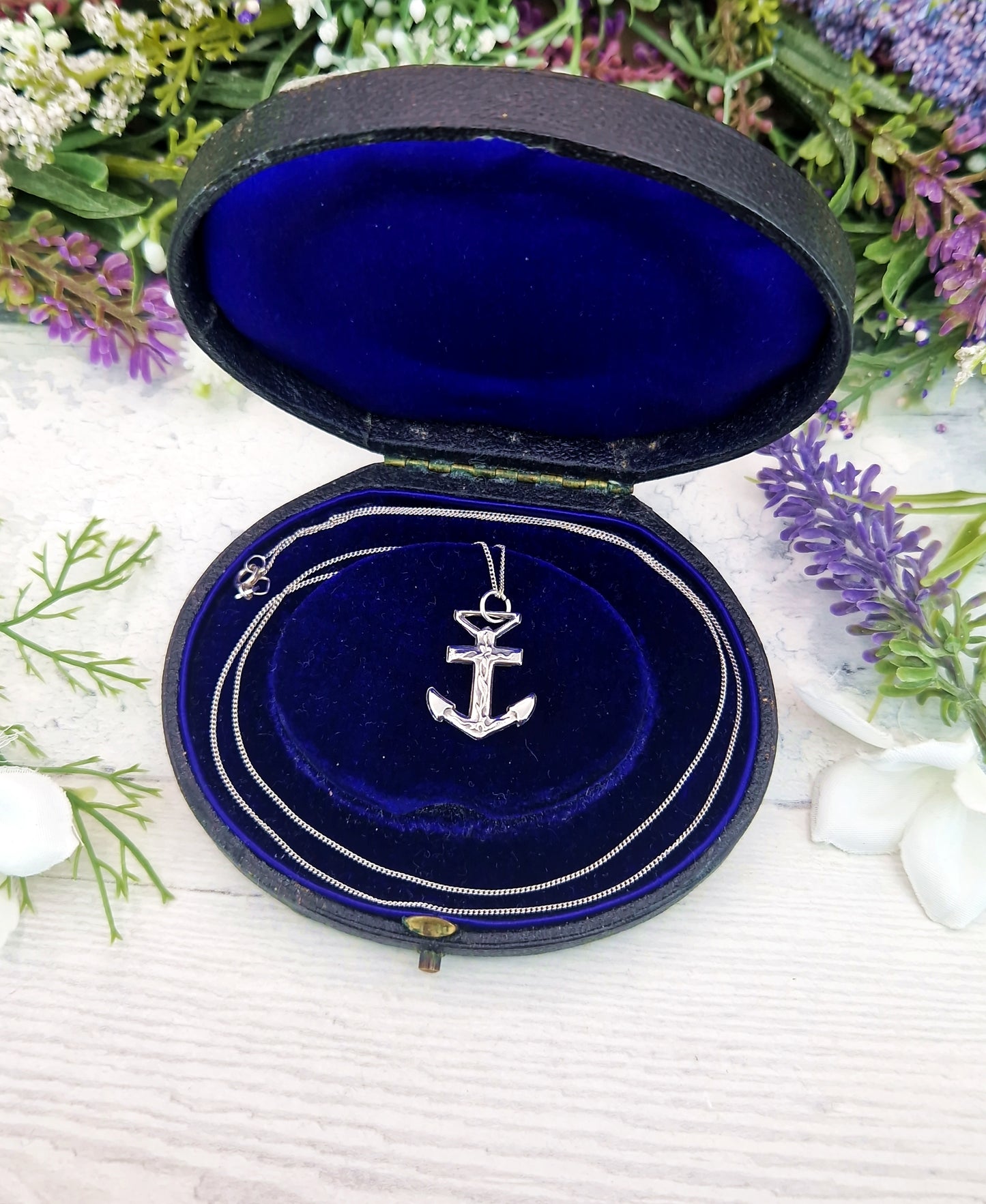 Antique Art Nouveau Sterling Silver Floral Detailed Ships Anchor Pendant Necklace
