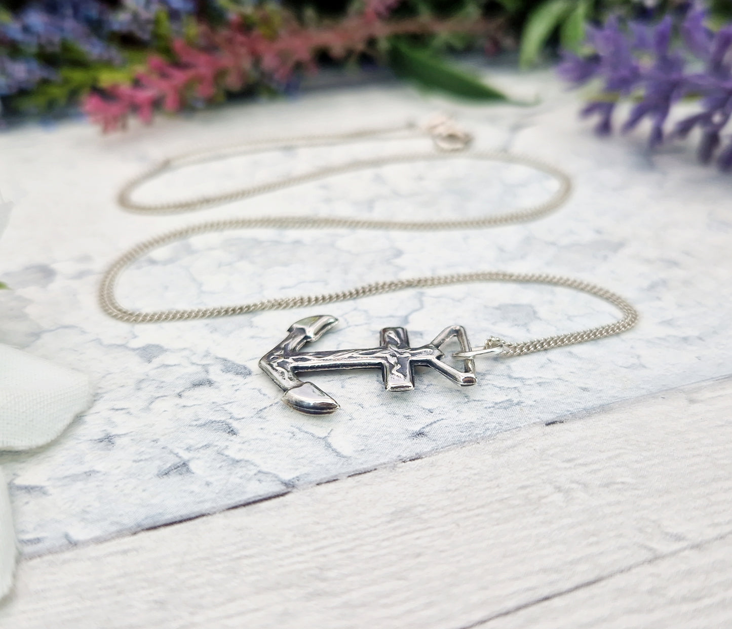 Antique Art Nouveau Sterling Silver Floral Detailed Ships Anchor Pendant Necklace