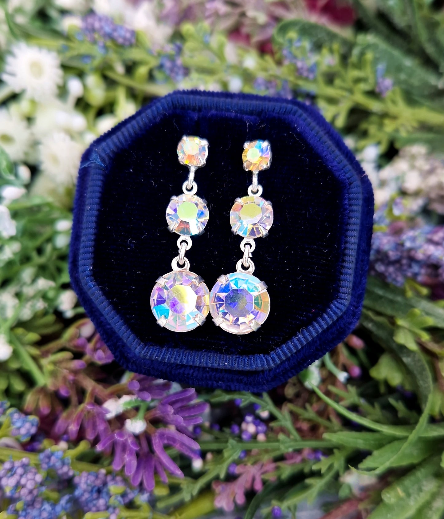 Vintage Sterling Silver Faceted Aurora Borealis Glass Trilogy Hook Drop Earrings