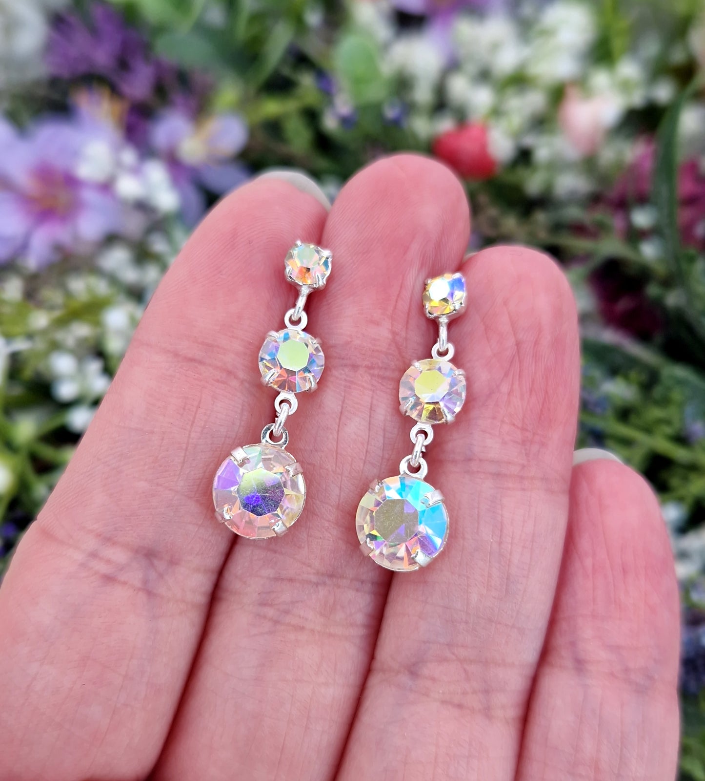 Vintage Sterling Silver Faceted Aurora Borealis Glass Trilogy Hook Drop Earrings