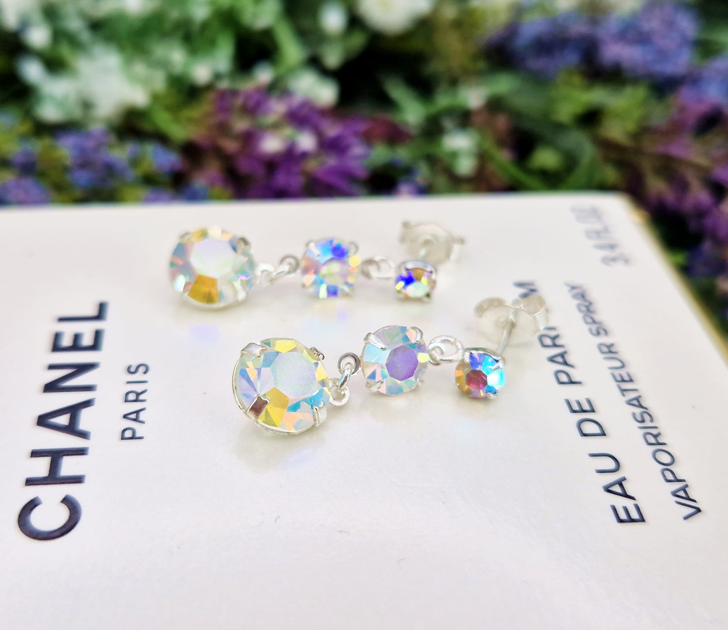 Vintage Sterling Silver Faceted Aurora Borealis Glass Trilogy Hook Drop Earrings