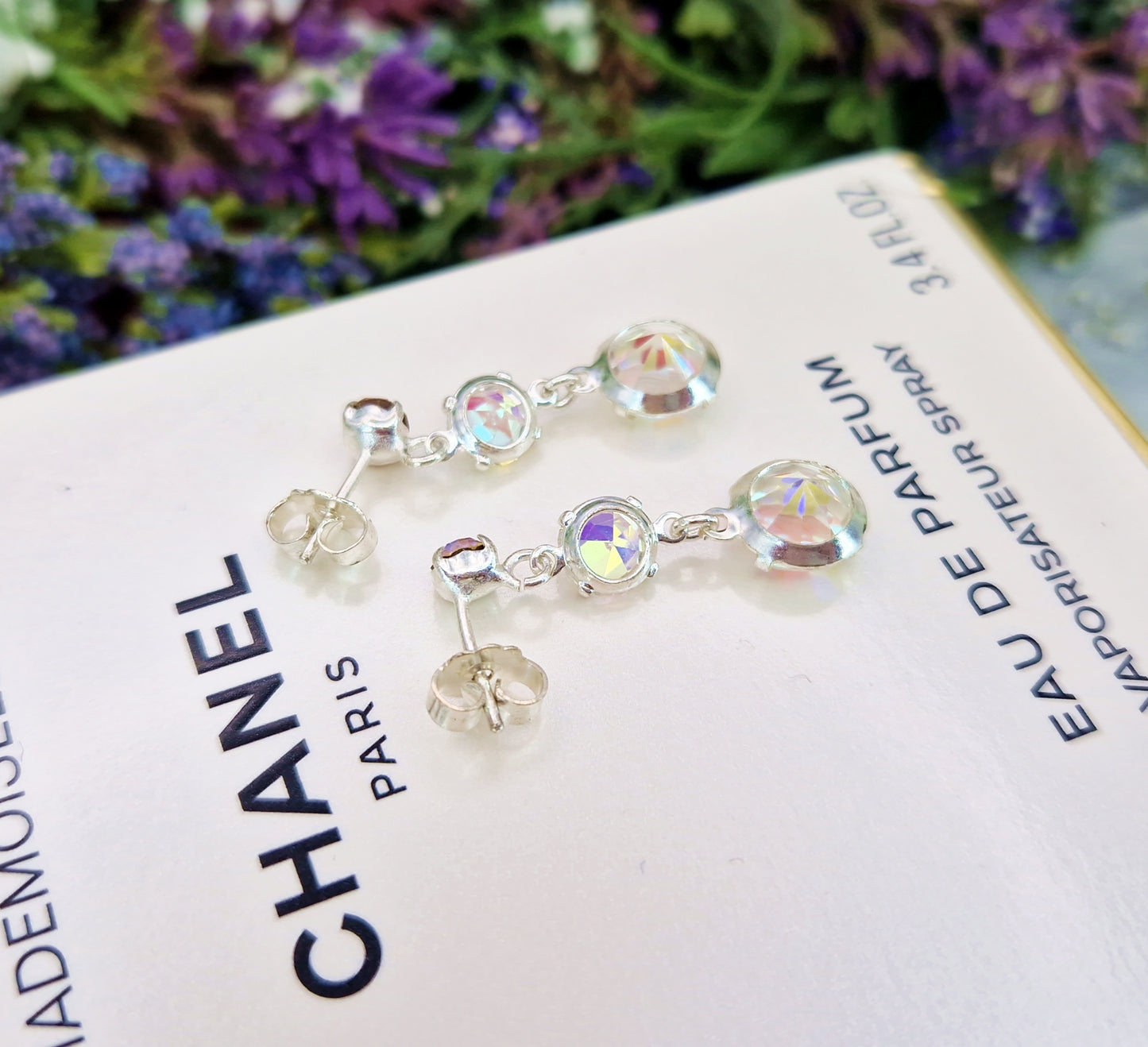 Vintage Sterling Silver Faceted Aurora Borealis Glass Trilogy Hook Drop Earrings