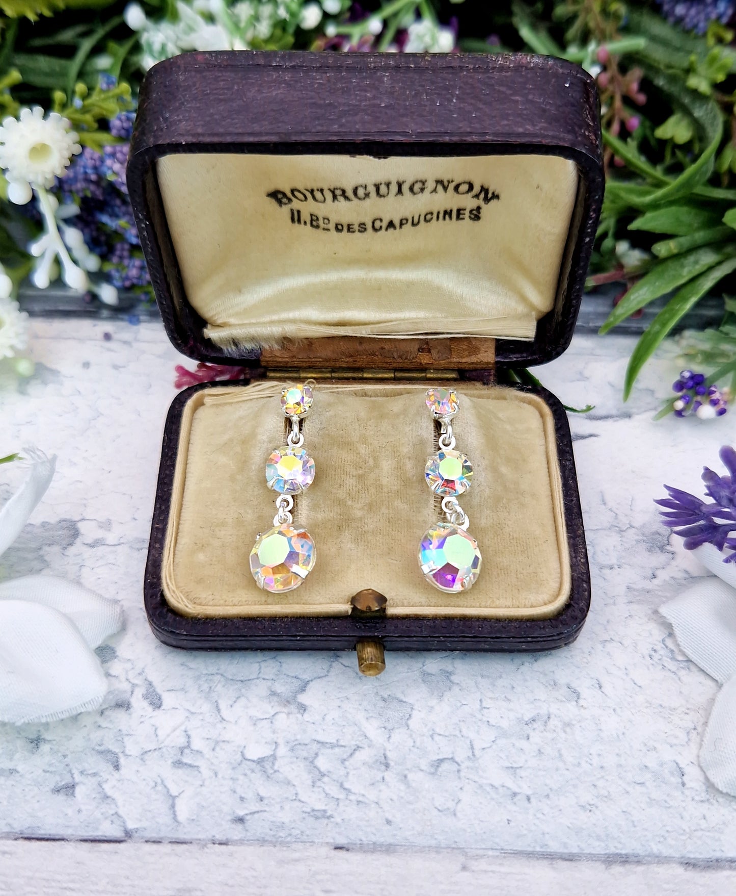 Vintage Sterling Silver Faceted Aurora Borealis Glass Trilogy Hook Drop Earrings