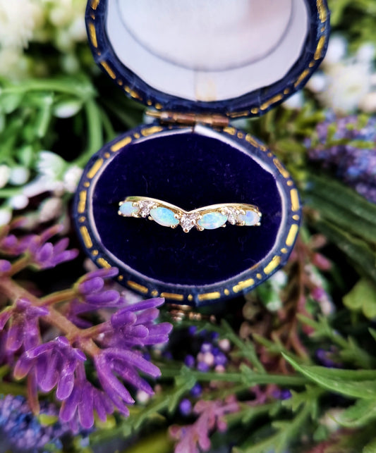 Vintage 9ct Yellow Gold Rainbow Opal and Diamond Tiara Wishbone Ring / Size N or 7