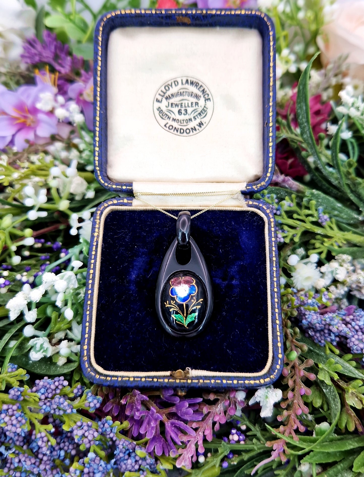 Antique Victorian Colourful Enamel Pansy Flower Whitby Jet Pendant Necklace