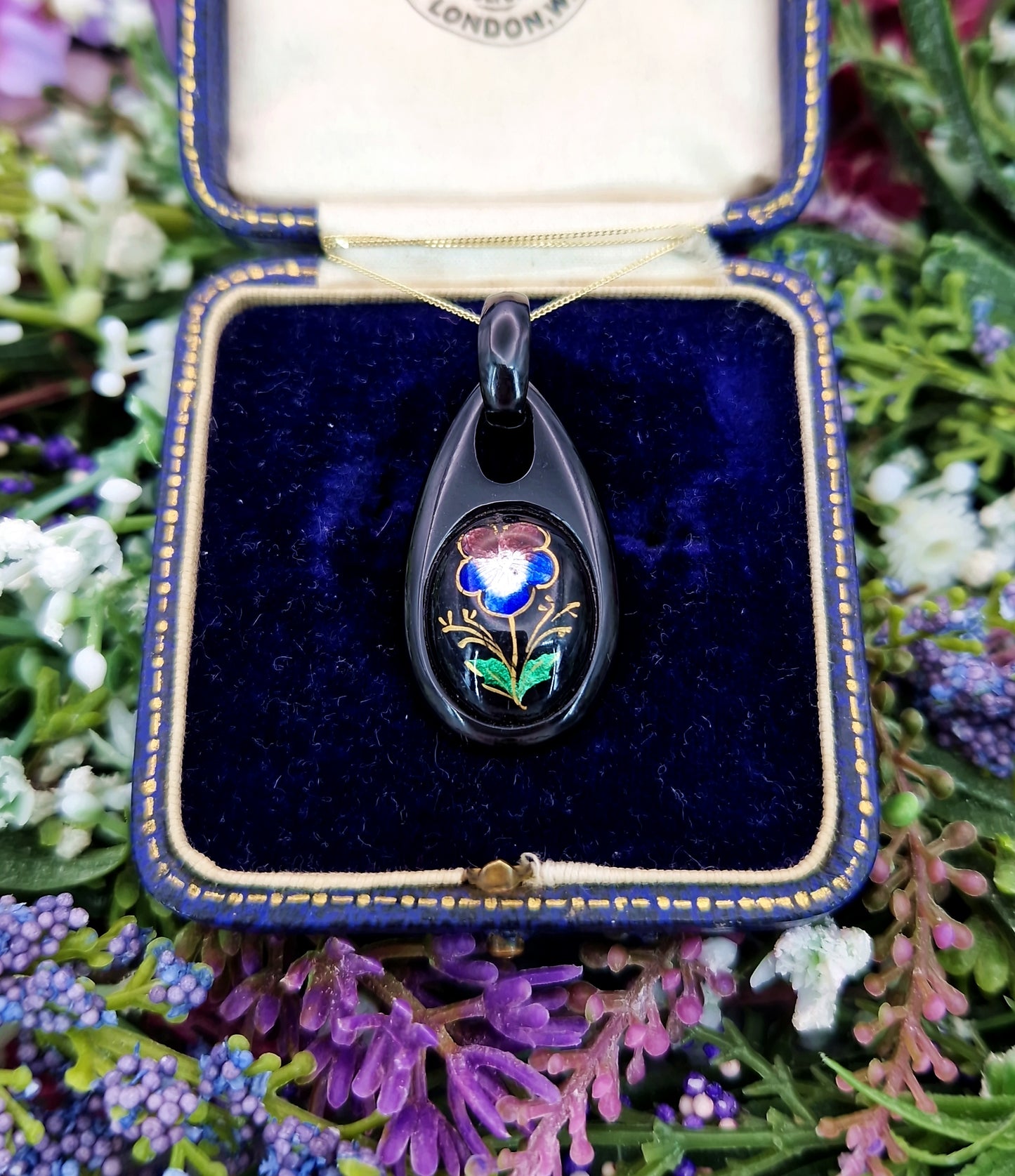 Antique Victorian Colourful Enamel Pansy Flower Whitby Jet Pendant Necklace