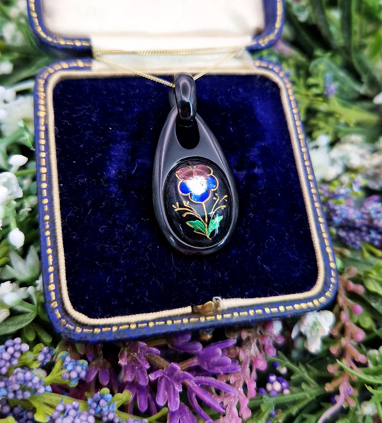 Antique Victorian Colourful Enamel Pansy Flower Whitby Jet Pendant Necklace