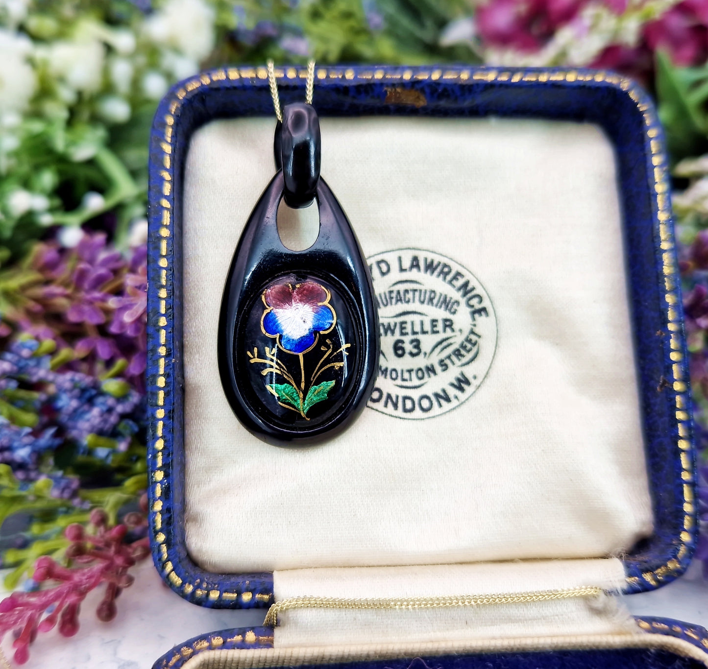 Antique Victorian Colourful Enamel Pansy Flower Whitby Jet Pendant Necklace