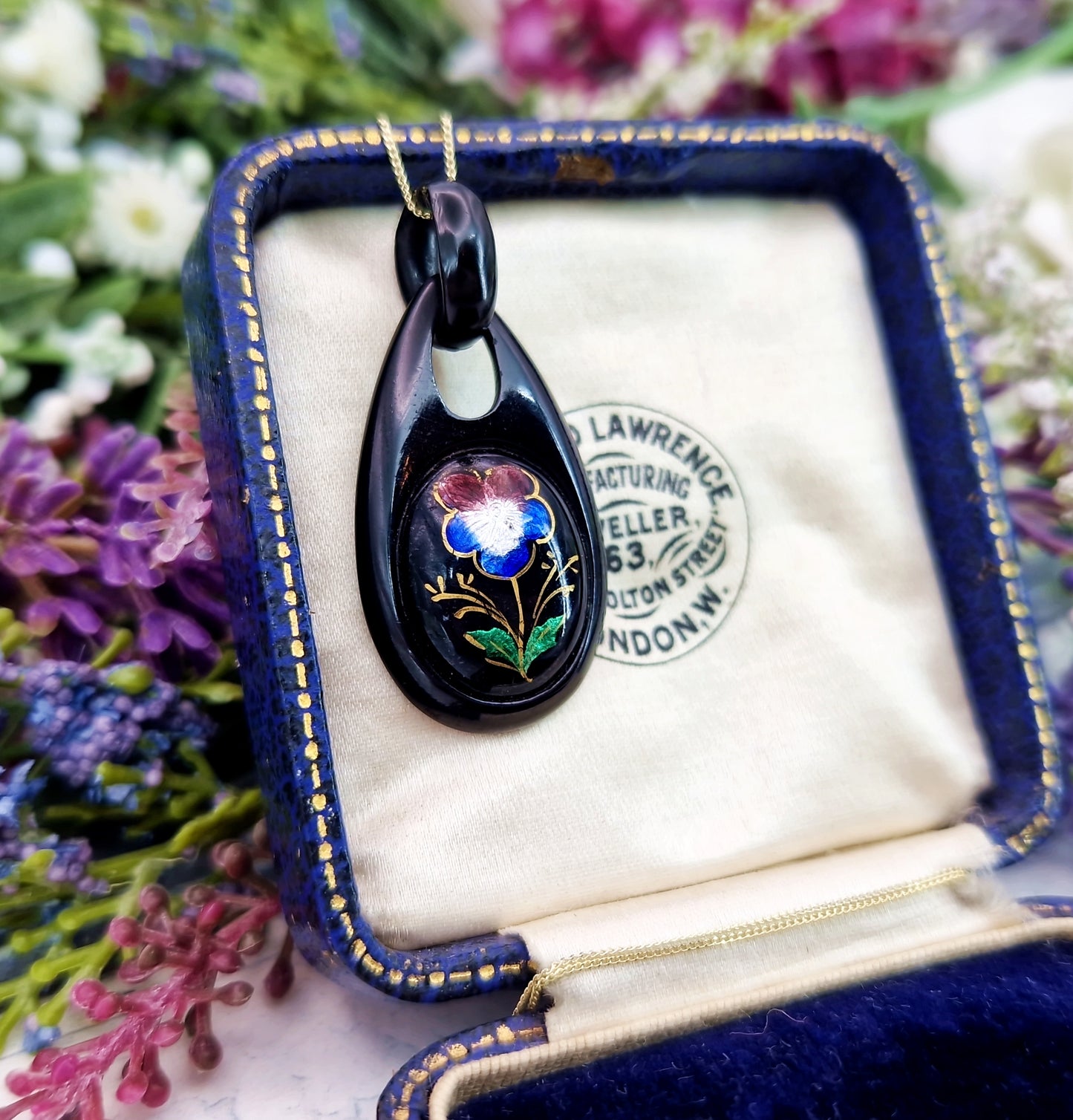 Antique Victorian Colourful Enamel Pansy Flower Whitby Jet Pendant Necklace