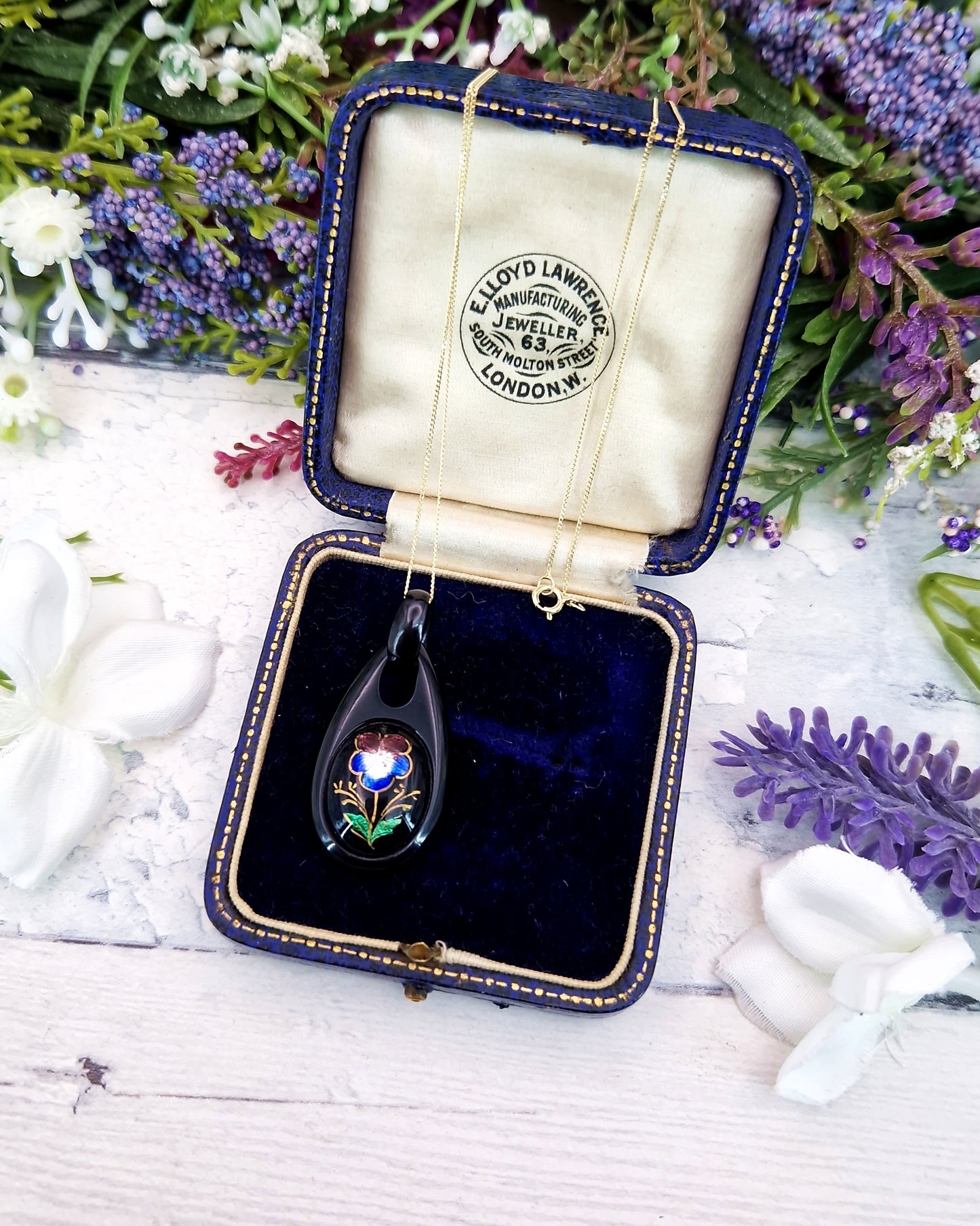 Antique Victorian Colourful Enamel Pansy Flower Whitby Jet Pendant Necklace