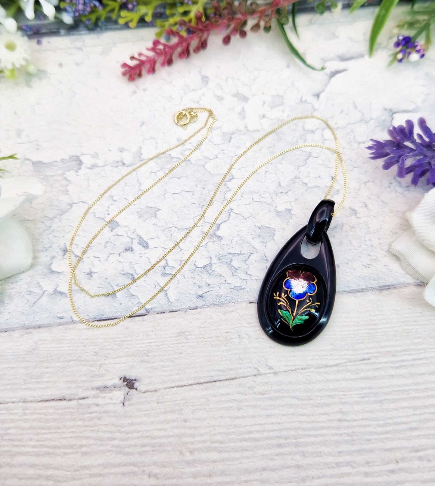 Antique Victorian Colourful Enamel Pansy Flower Whitby Jet Pendant Necklace