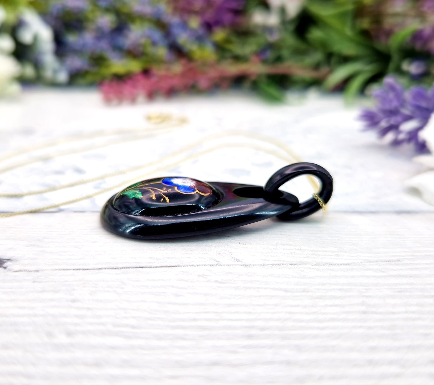 Antique Victorian Colourful Enamel Pansy Flower Whitby Jet Pendant Necklace