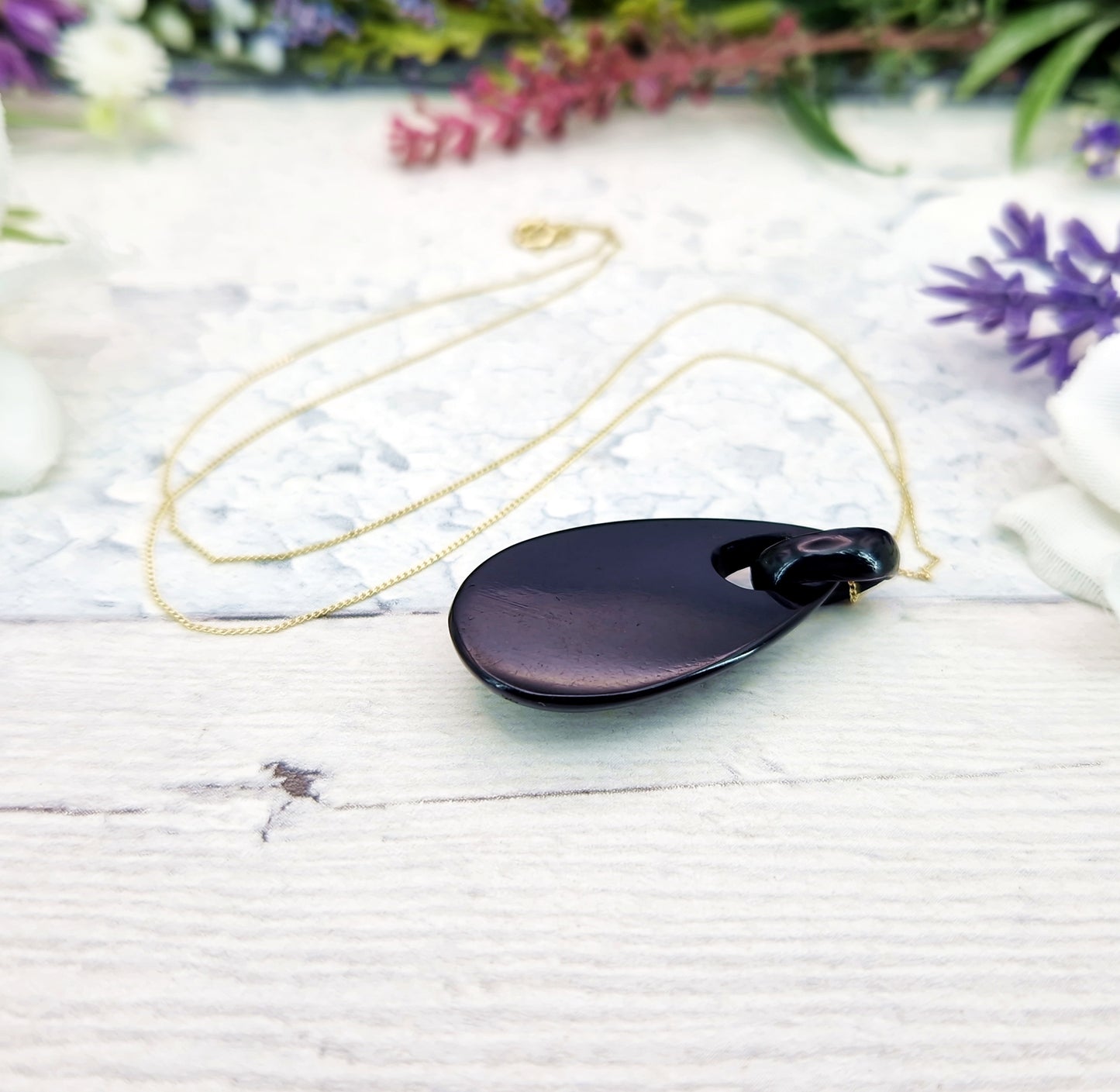Antique Victorian Colourful Enamel Pansy Flower Whitby Jet Pendant Necklace