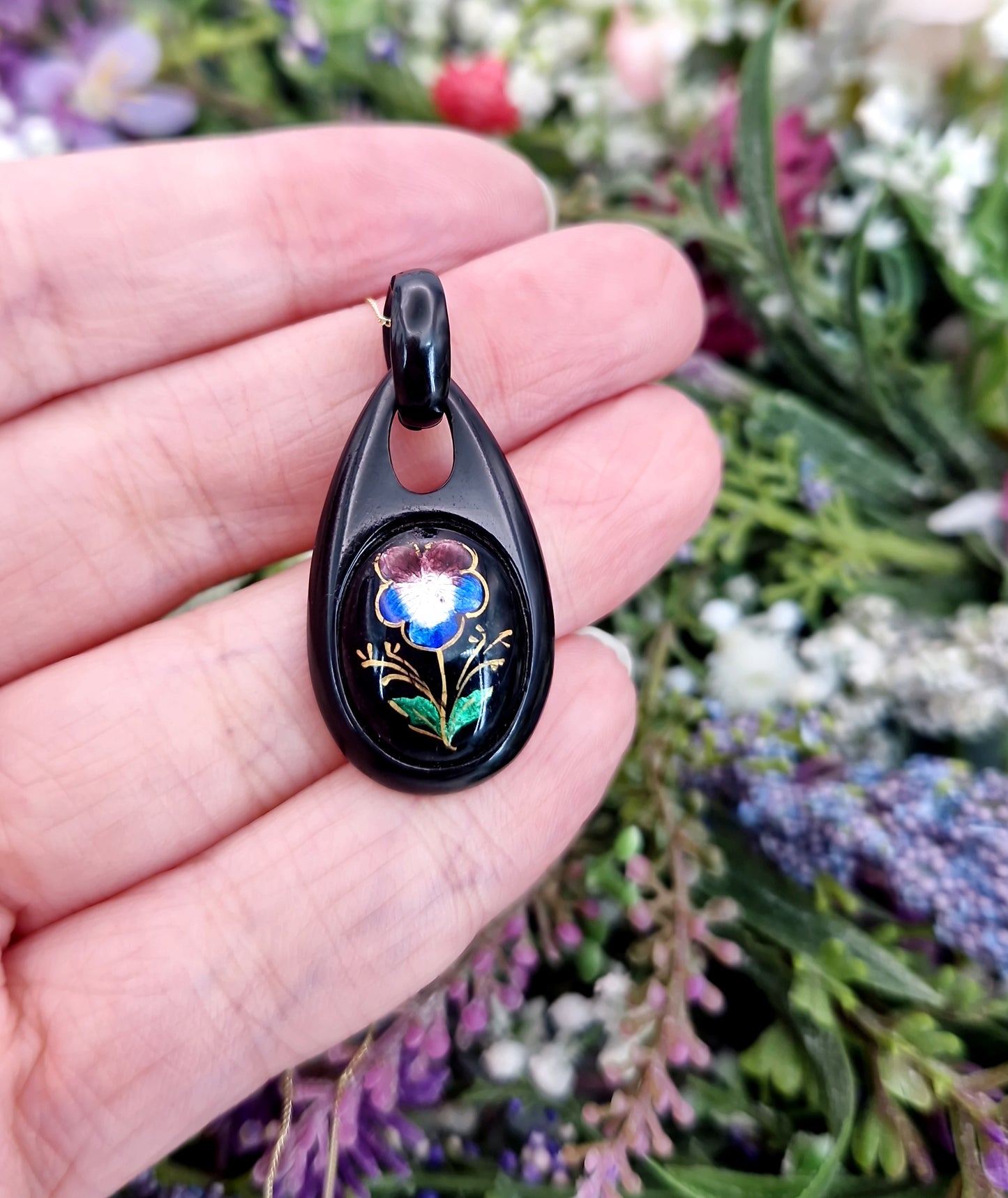 Antique Victorian Colourful Enamel Pansy Flower Whitby Jet Pendant Necklace